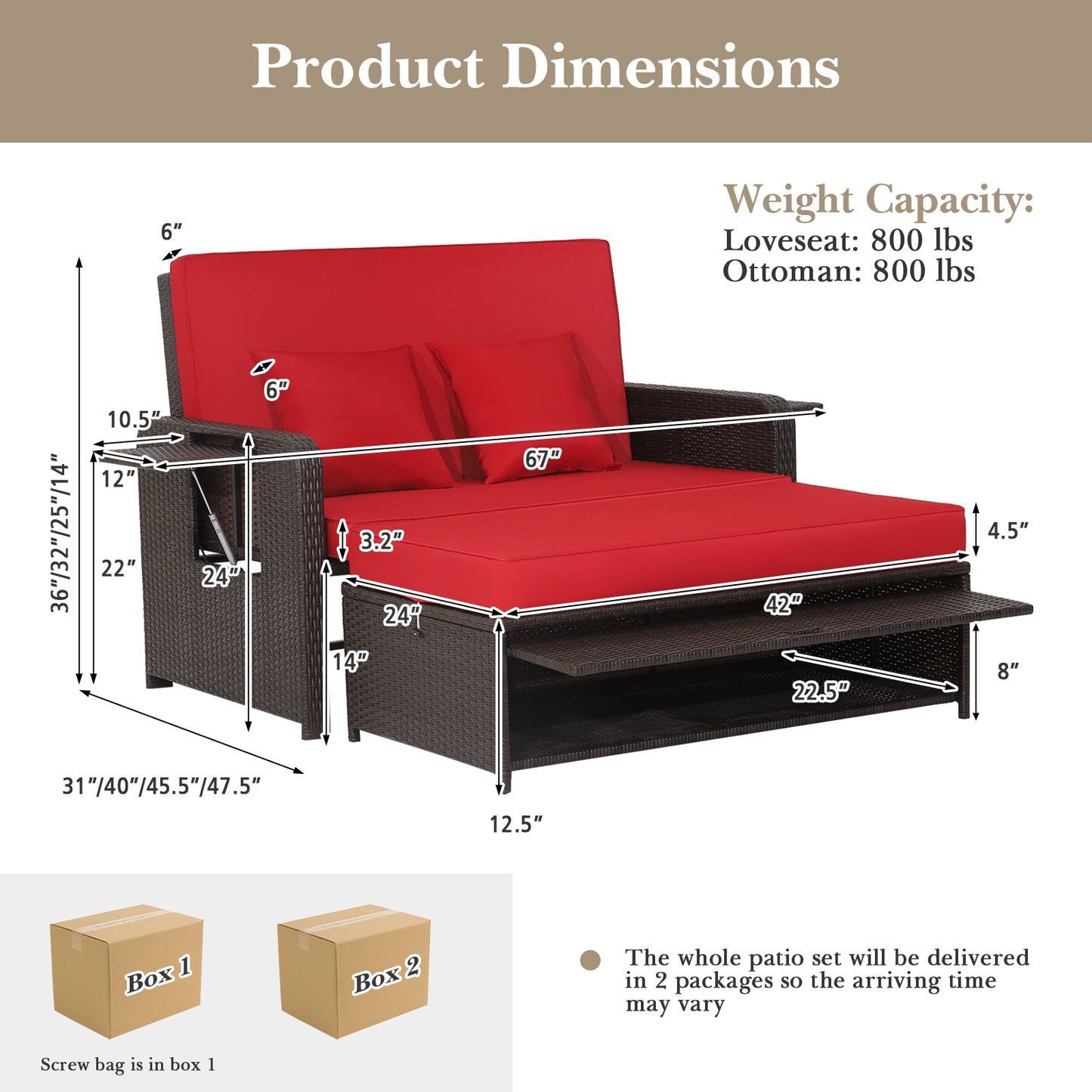 Patio Rattan Lounge Chair Set with 4-Level Adjustable Backrest and Retractable Side Tray-Red
