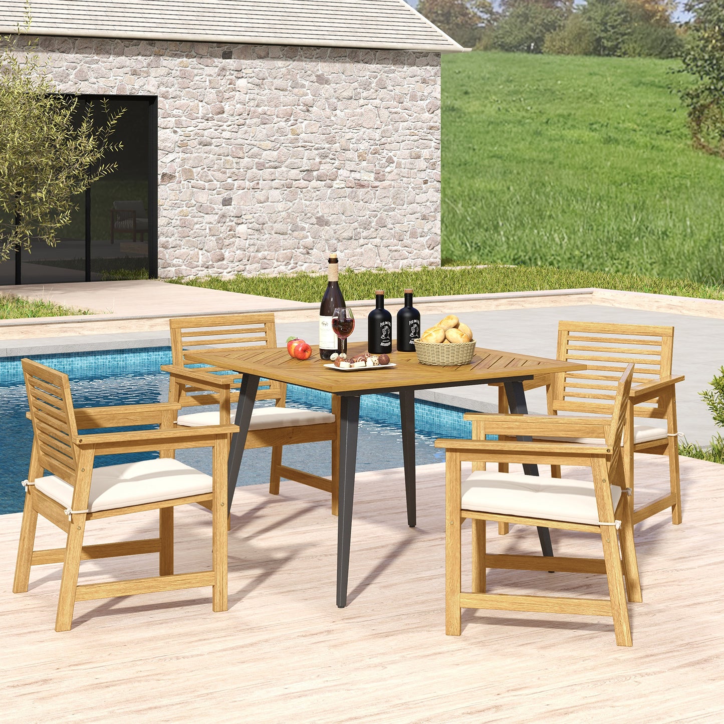 4-Person Acacia Wood Outdoor Dining Table for Garden Poolside and Backyard