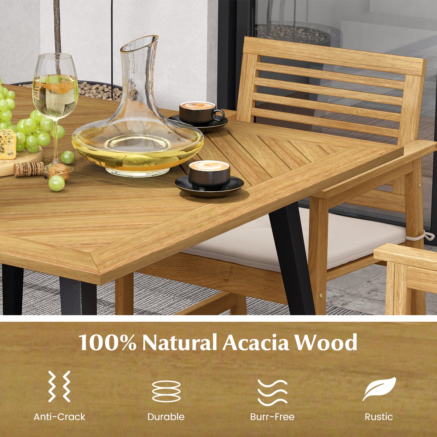 4-Person Acacia Wood Outdoor Dining Table for Garden Poolside and Backyard