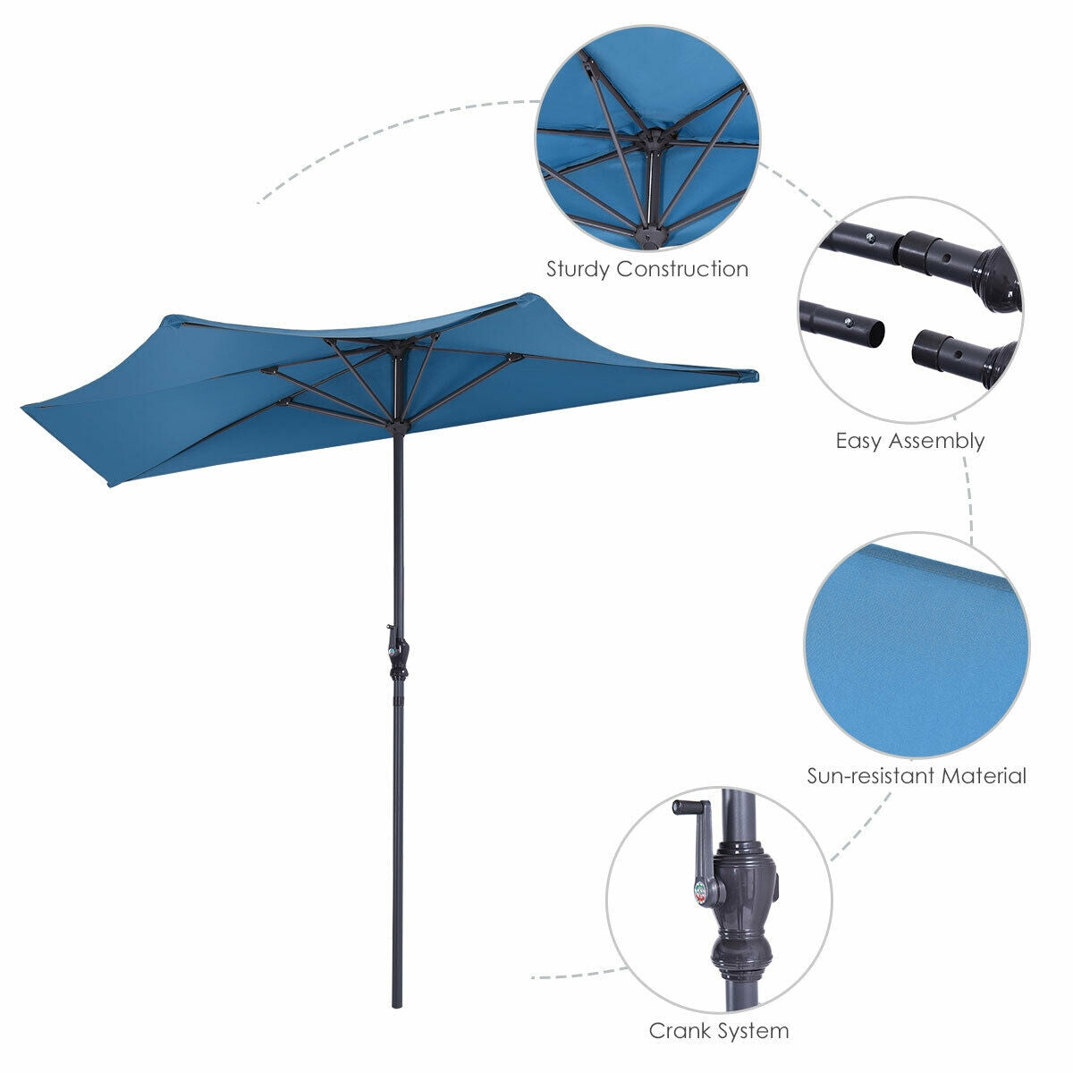 9Ft Patio Bistro Half Round Umbrella -Blue