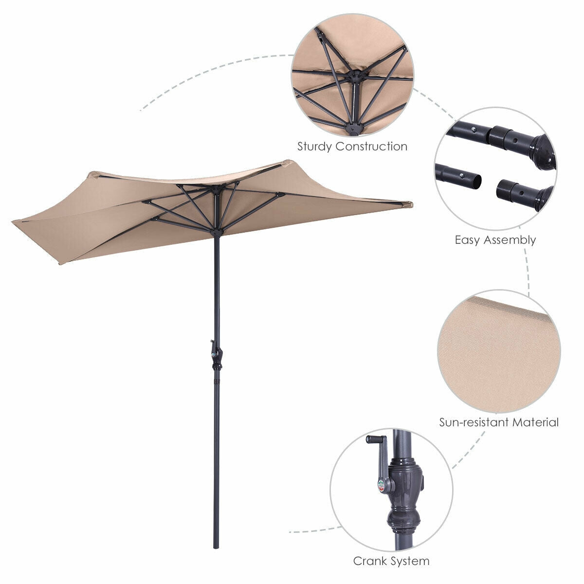 9Ft Patio Bistro Half Round Umbrella -Beige