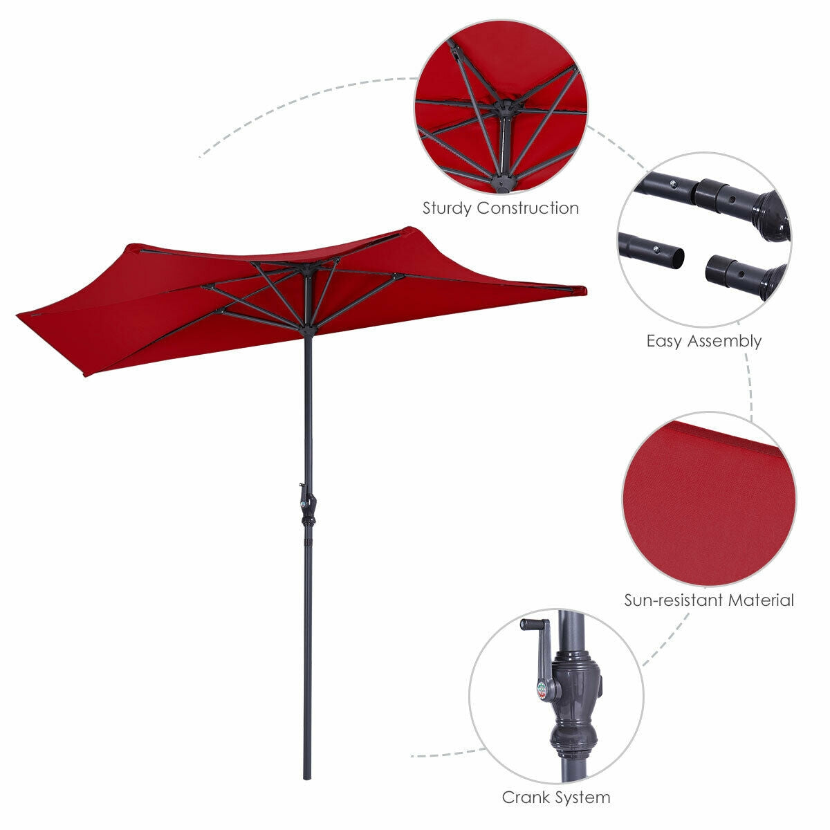 9Ft Patio Bistro Half Round Umbrella -Wine