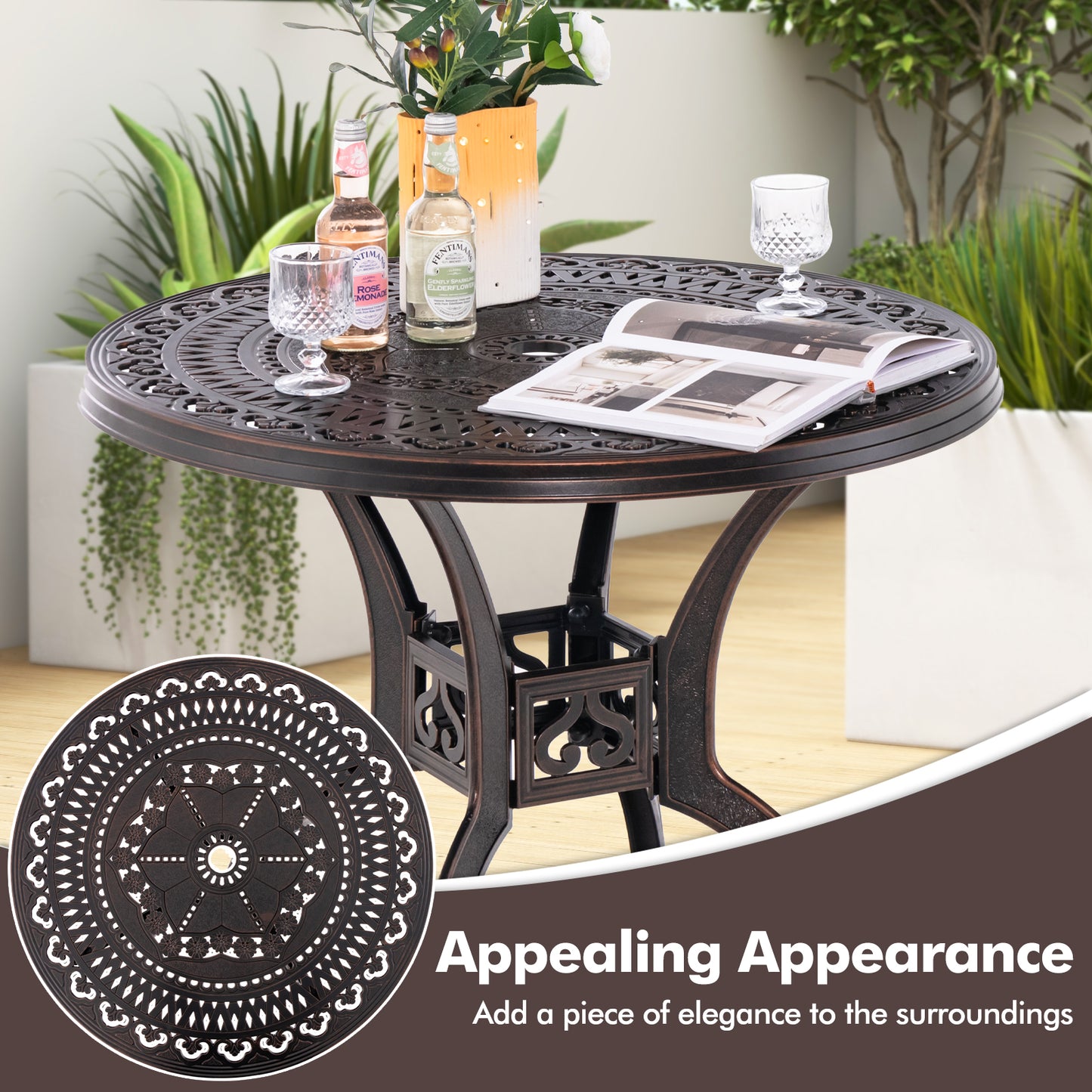 31.5 Inch Cast Aluminum Table Patio Round Dining Table with Umbrella Hole-Copper