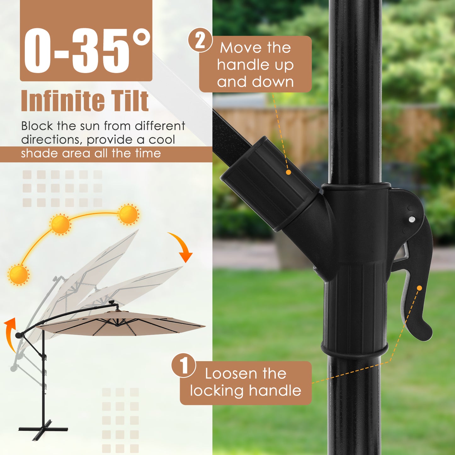 10 Feet Solar Offset Hanging Umbrella with 40 Lamp Beads and Solar Panel-Tan