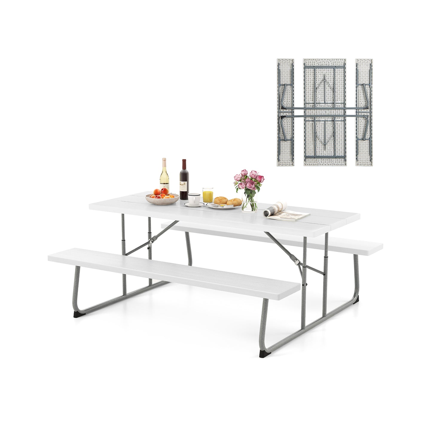 Folding Picnic Table Set with Metal Frame and All-Weather HDPE Tabletop Umbrella Hole-White