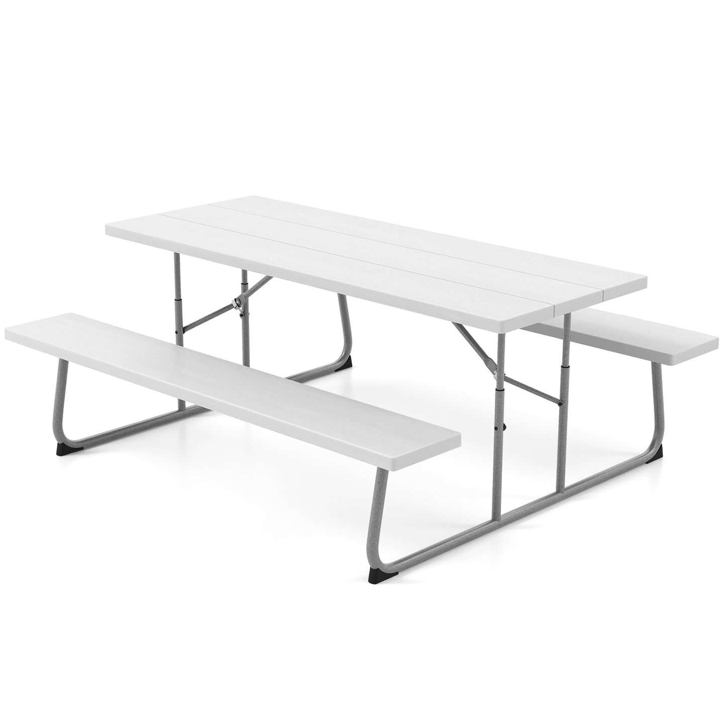 Folding Picnic Table Set with Metal Frame and All-Weather HDPE Tabletop Umbrella Hole-White