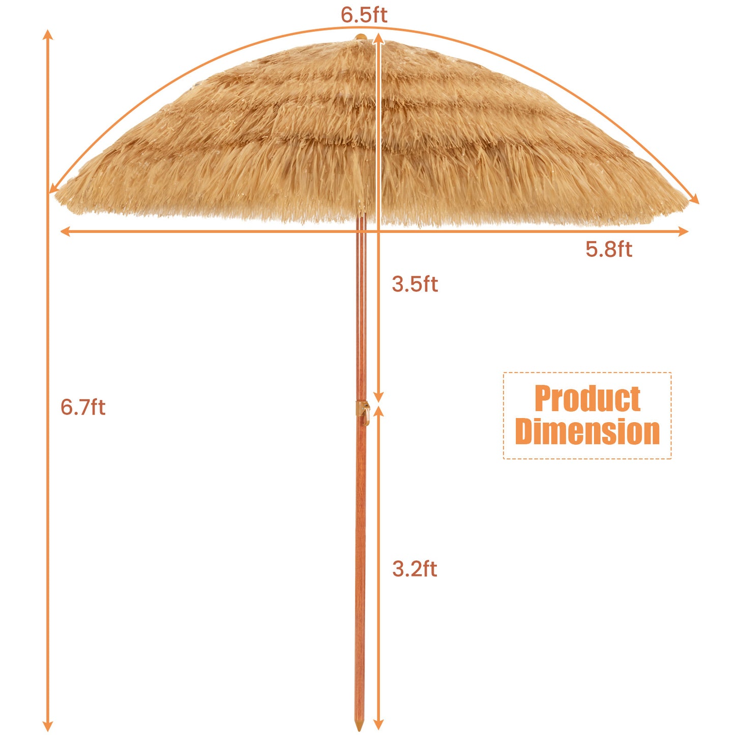 6.5 Feet Portable Thatched Tiki Beach Umbrella with Adjustable Tilt for Poolside and Backyard