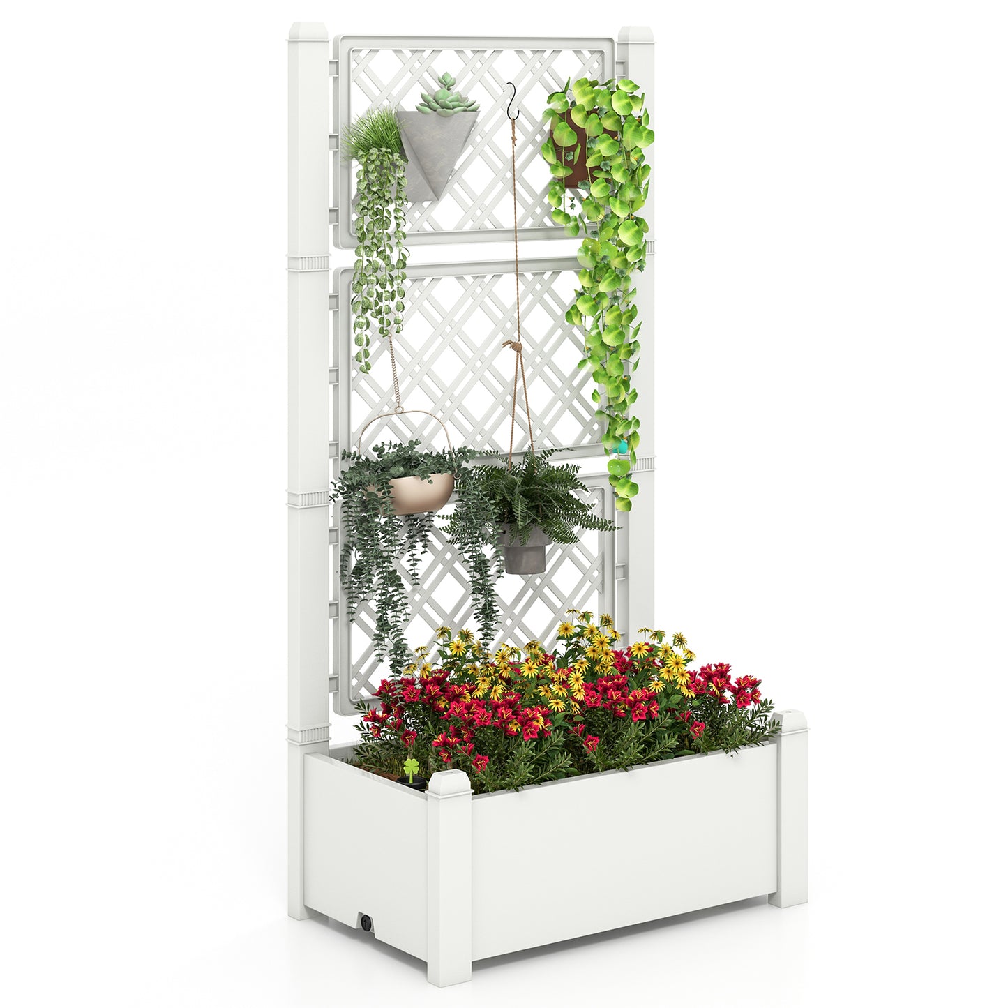 Outdoor Planter Box Self-Watering Raised Garden Bed Trellis with Water Level Indicator-Greyish-white