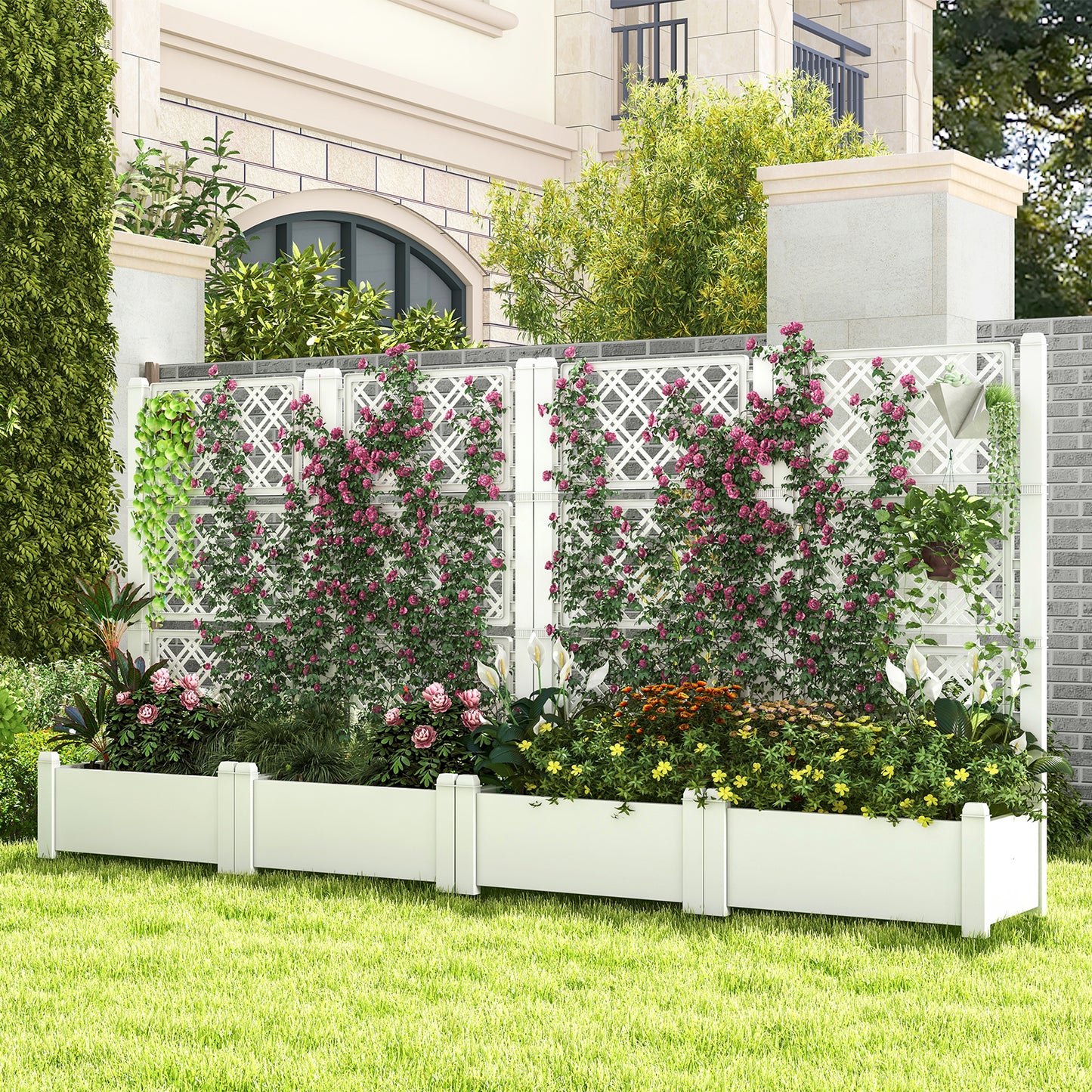 Outdoor Planter Box Self-Watering Raised Garden Bed Trellis with Water Level Indicator-Greyish-white