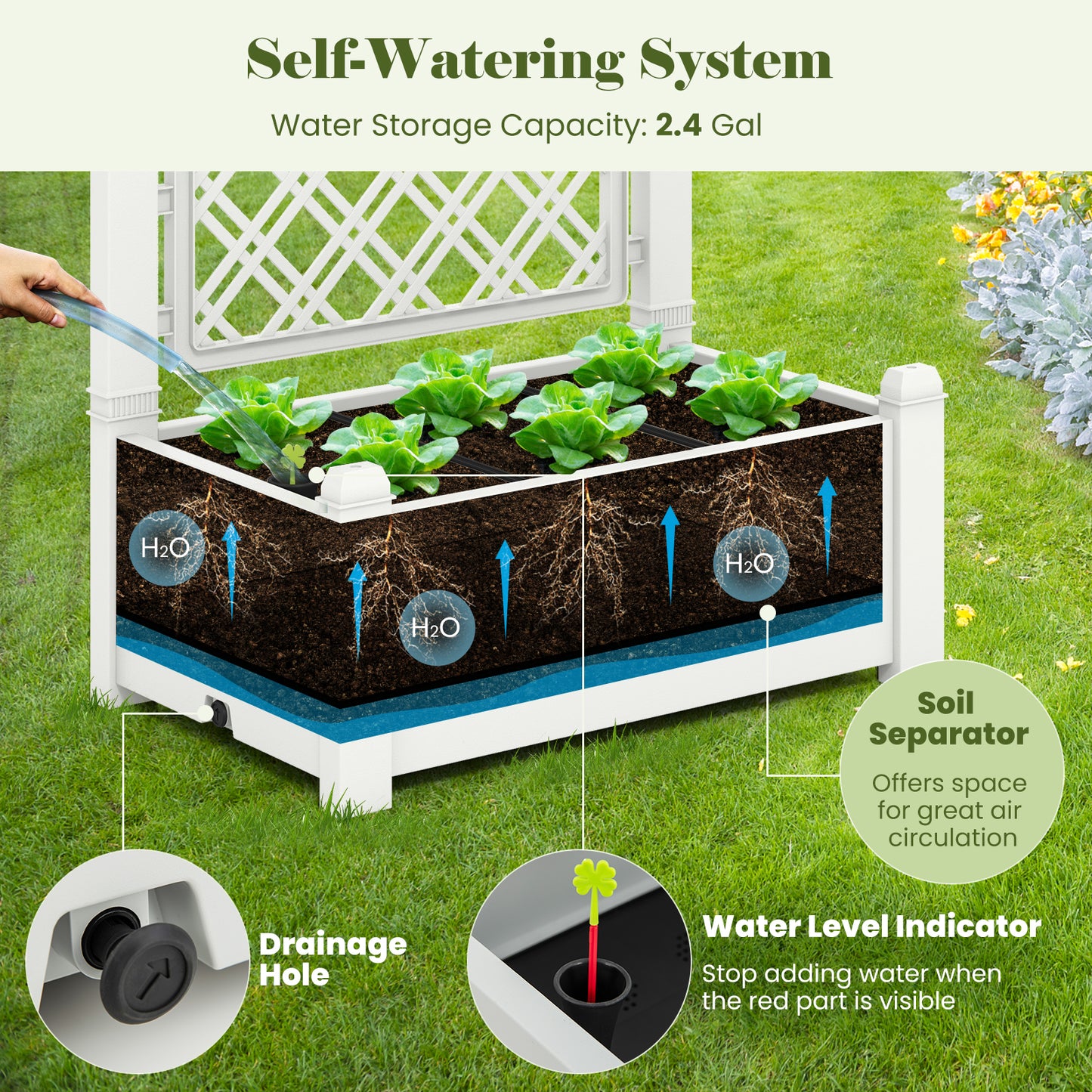 Outdoor Planter Box Self-Watering Raised Garden Bed Trellis with Water Level Indicator-Greyish-white