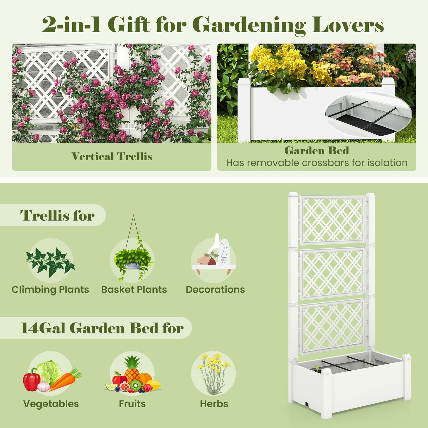 Outdoor Planter Box Self-Watering Raised Garden Bed Trellis with Water Level Indicator-Greyish-white