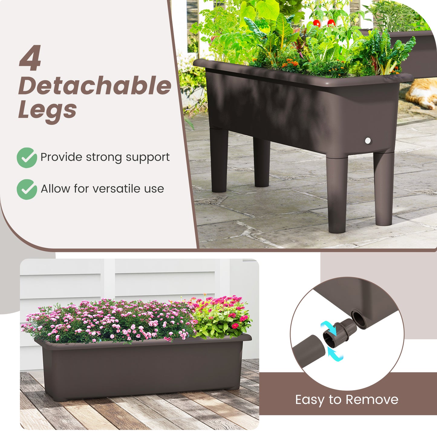2 PCS Raised Garden Beds Self-Watering Planter Box with Detachable Legs and Drainage Hole-Coffee