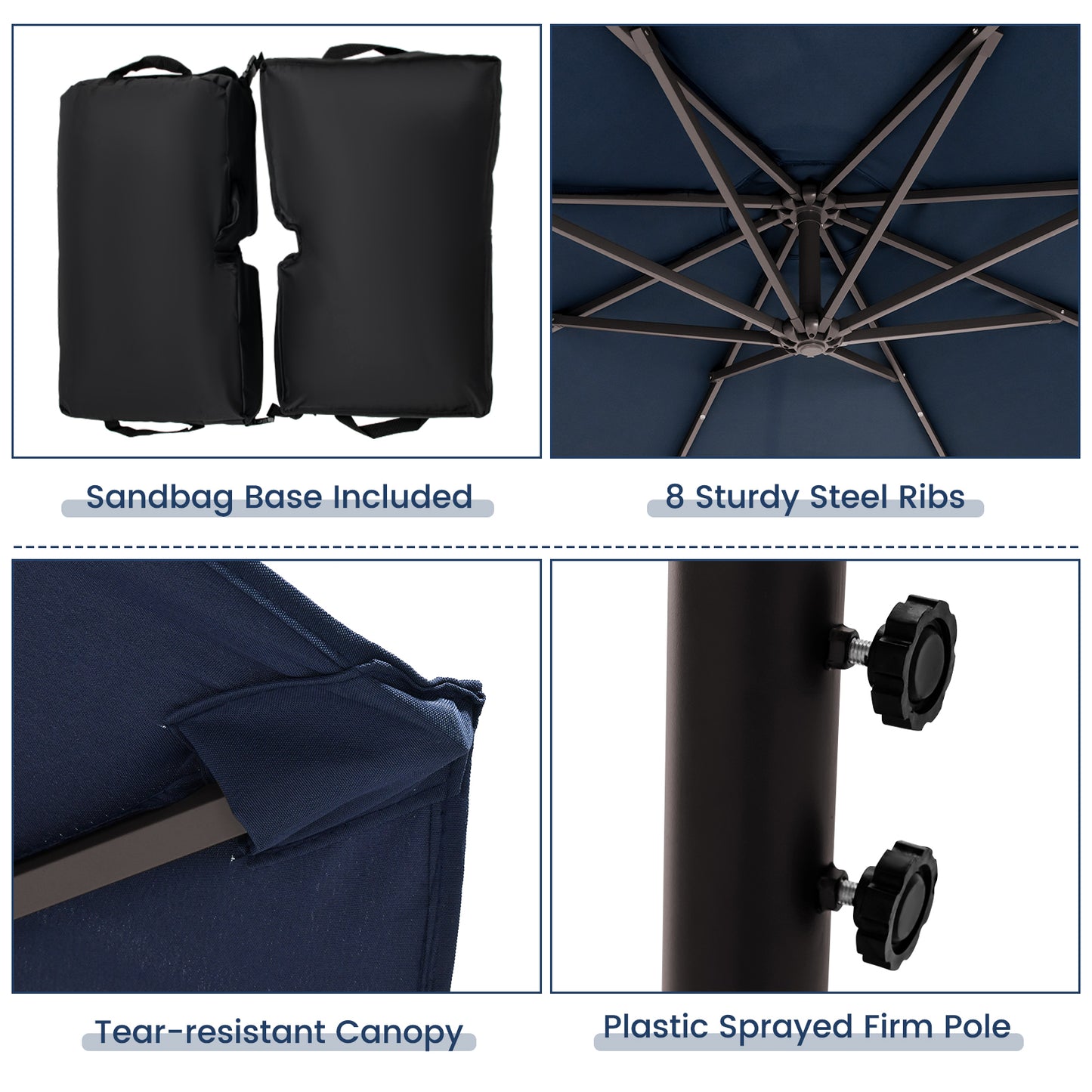 10 Feet Cantilever Umbrella with 32 LED Lights and Solar Panel Batteries-Navy