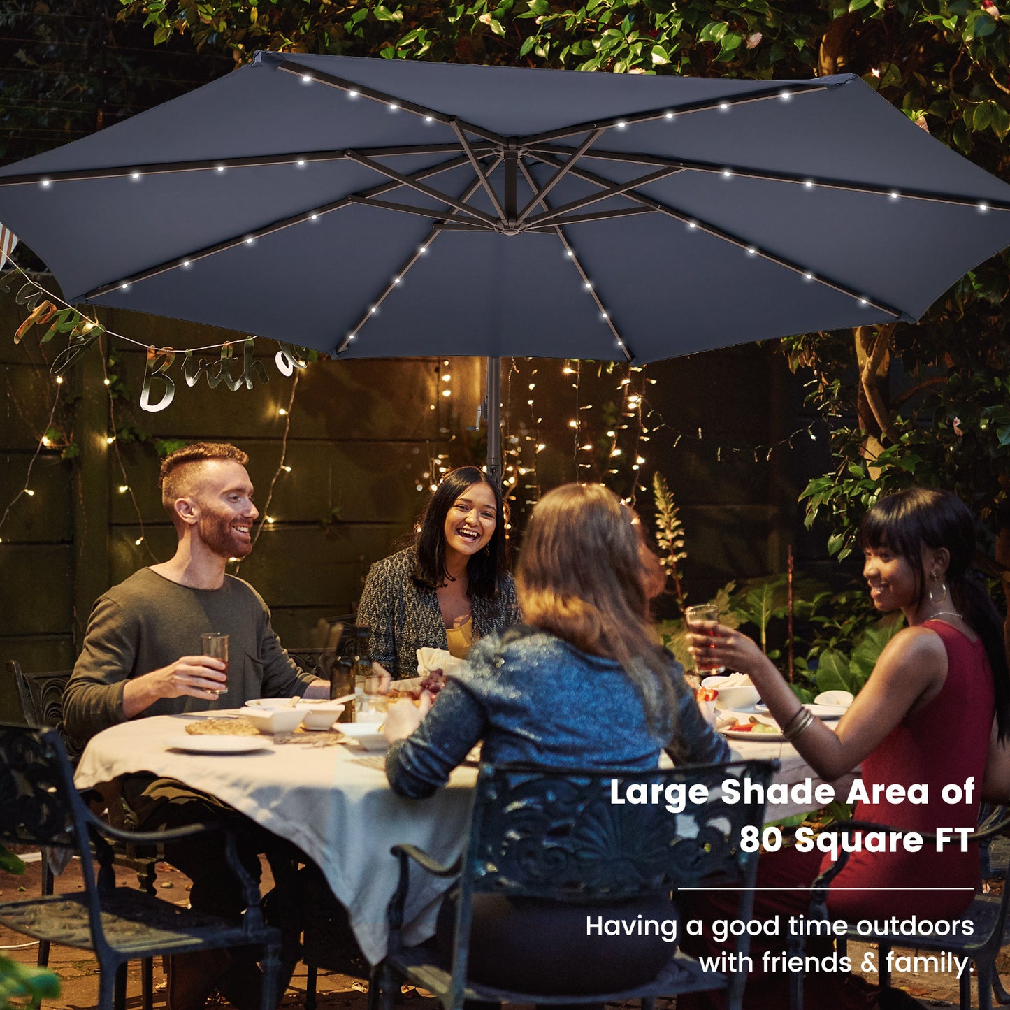 10 Feet Cantilever Umbrella with 32 LED Lights and Solar Panel Batteries-Navy