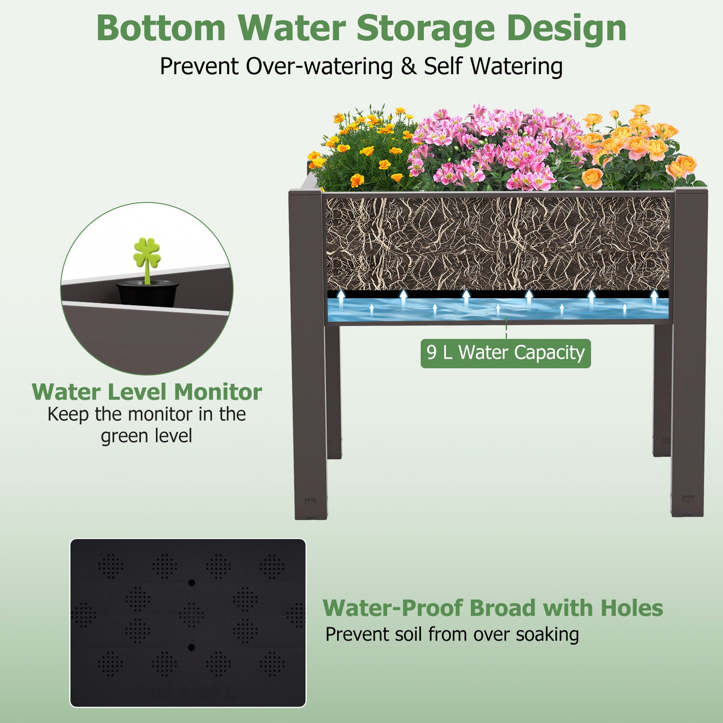 53L Raised Bed Grow Box Self-Watering Planter Box Stand with Water Level Monitor-Coffee