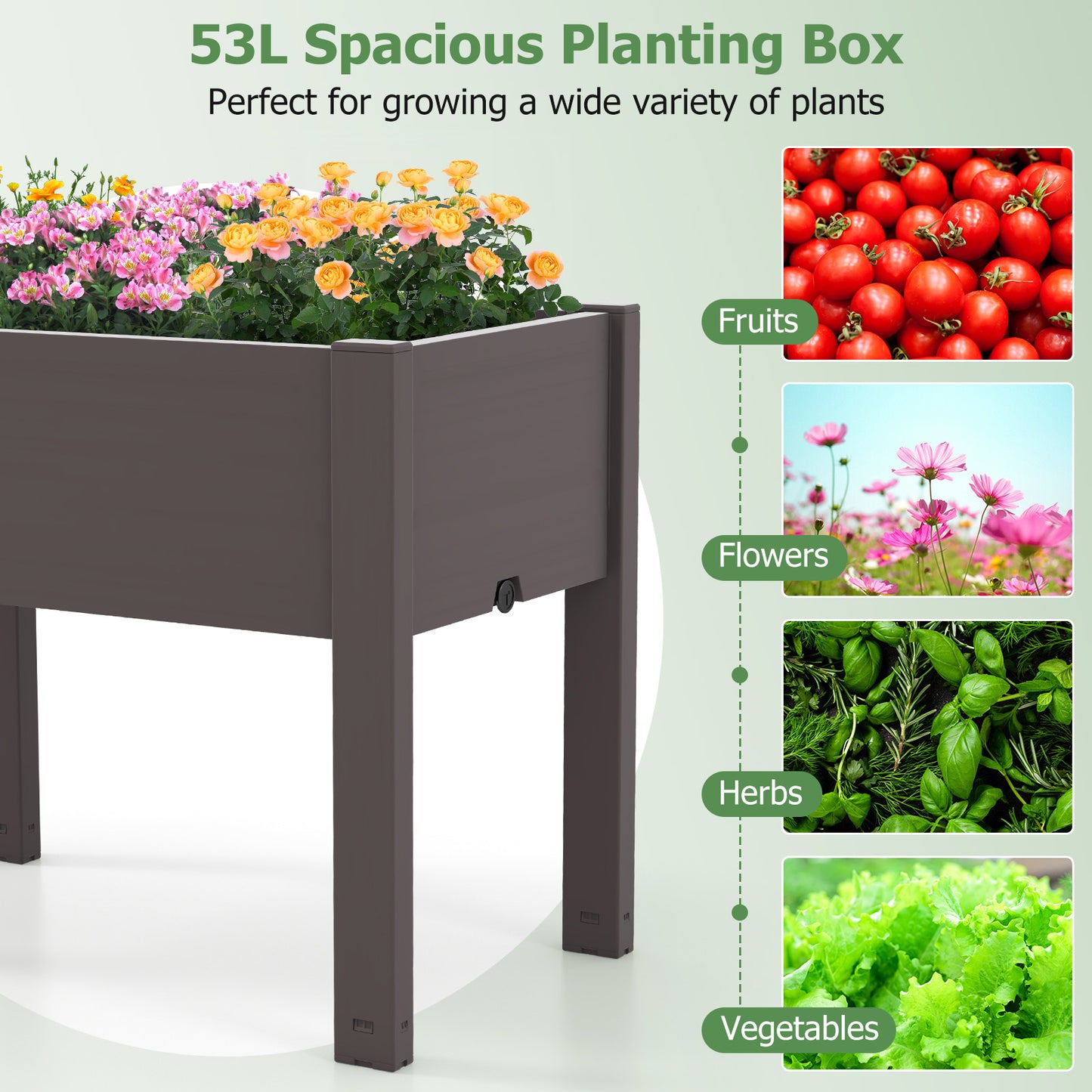 53L Raised Bed Grow Box Self-Watering Planter Box Stand with Water Level Monitor-Coffee