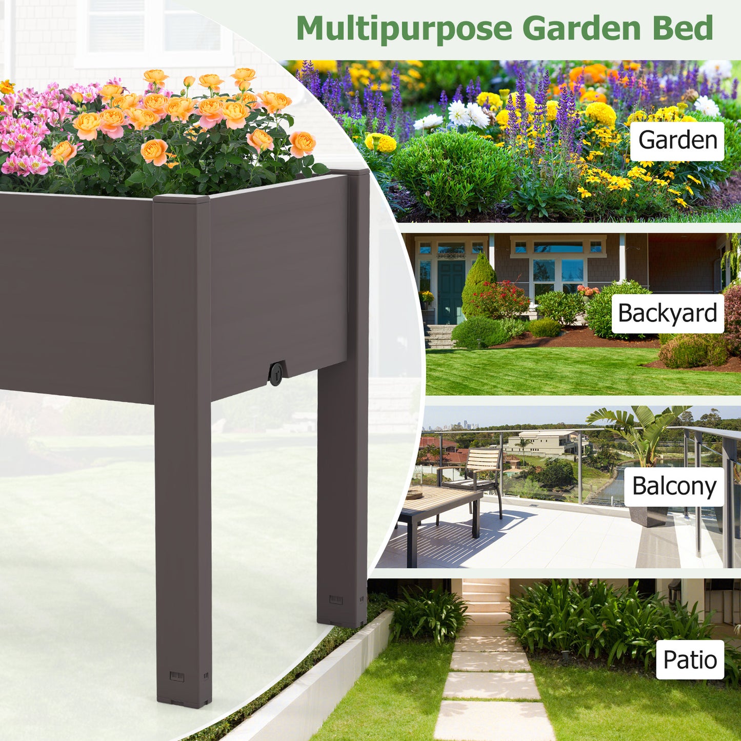 53L Raised Bed Grow Box Self-Watering Planter Box Stand with Water Level Monitor-Coffee