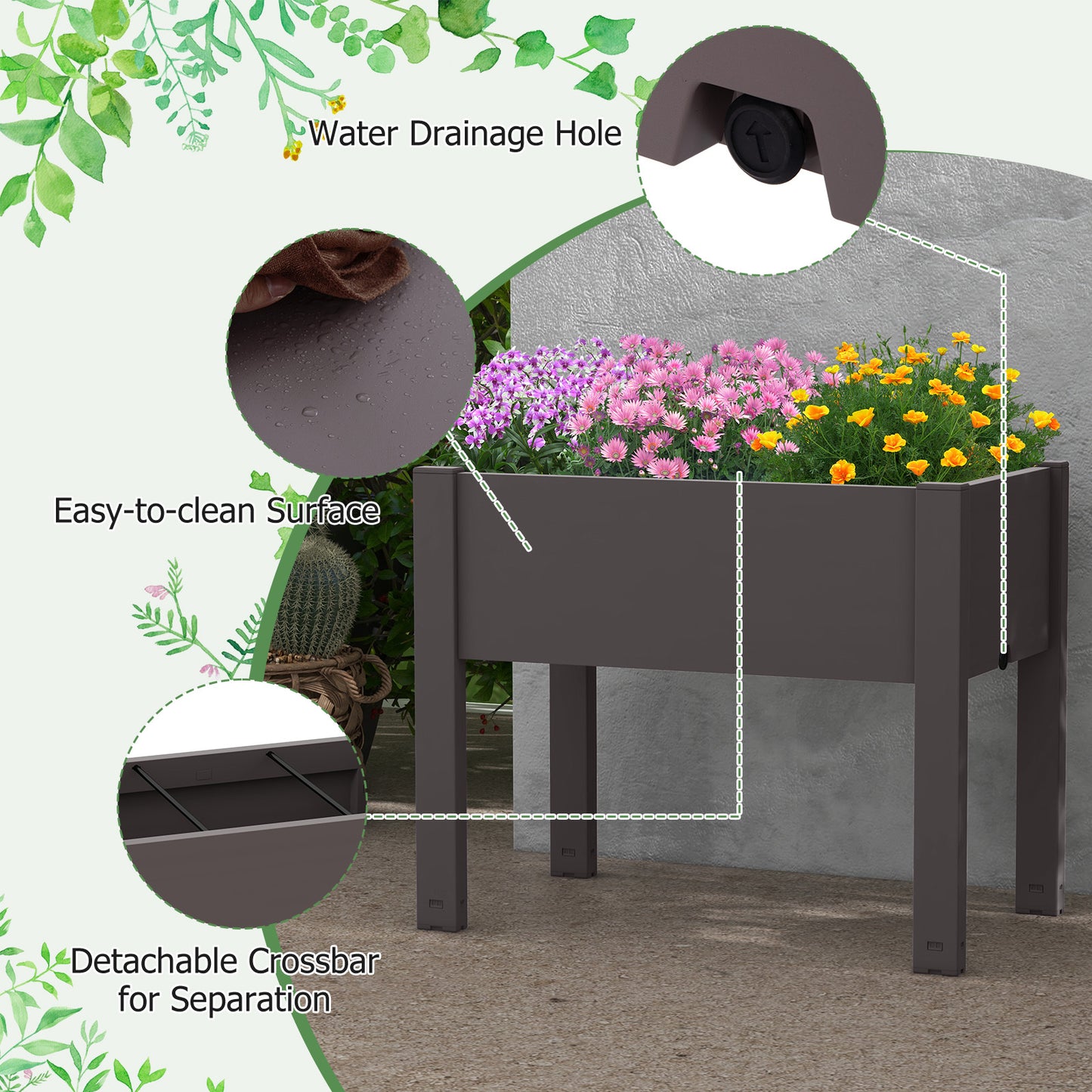 53L Raised Bed Grow Box Self-Watering Planter Box Stand with Water Level Monitor-Coffee