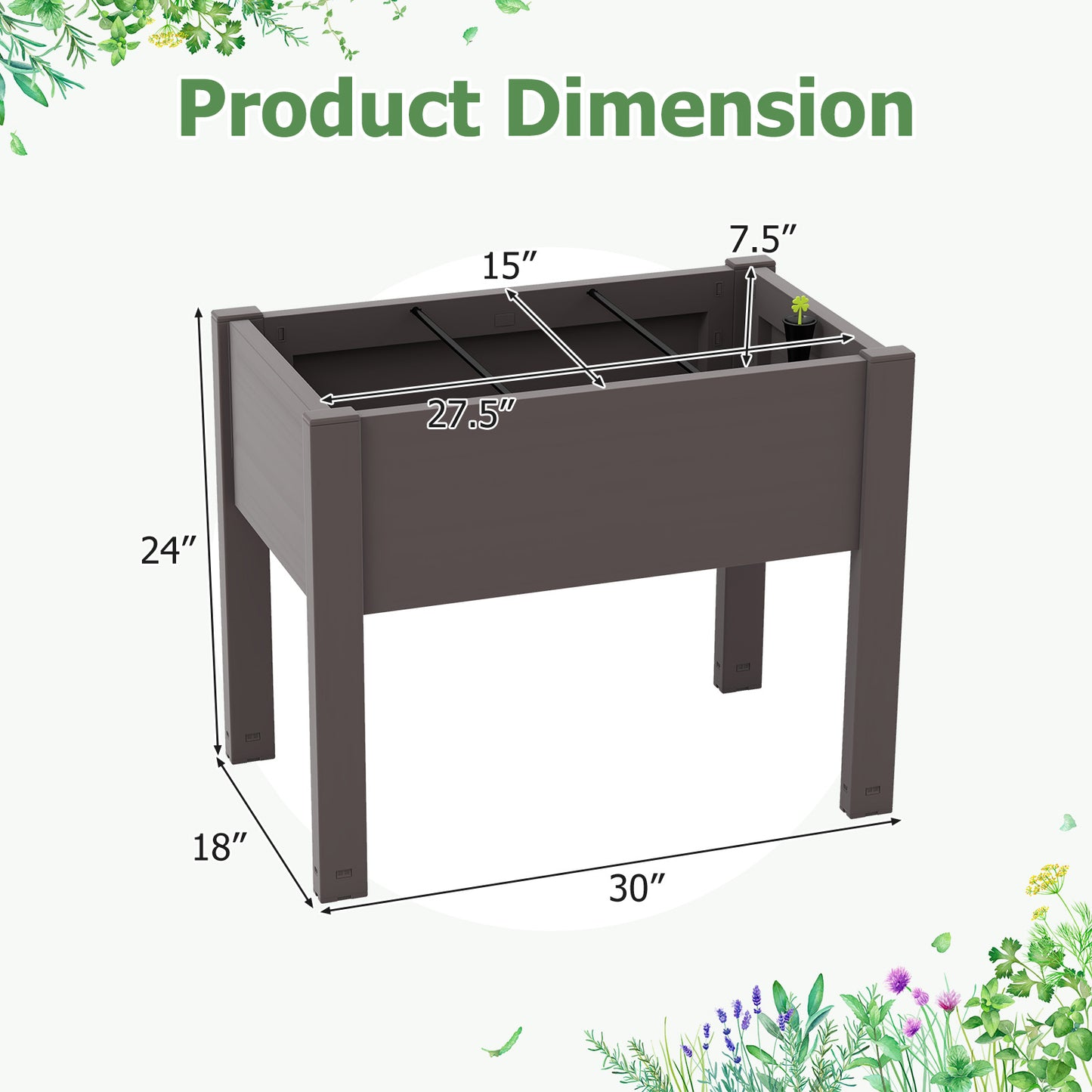 53L Raised Bed Grow Box Self-Watering Planter Box Stand with Water Level Monitor-Coffee