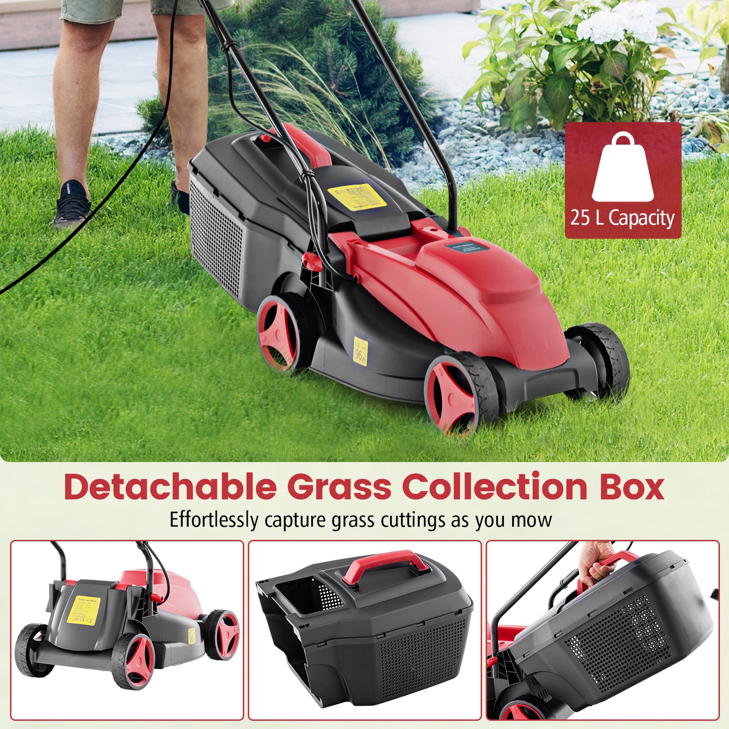 10 AMP 13 Inch Electric Corded Lawn Mower with Collection Box-Red