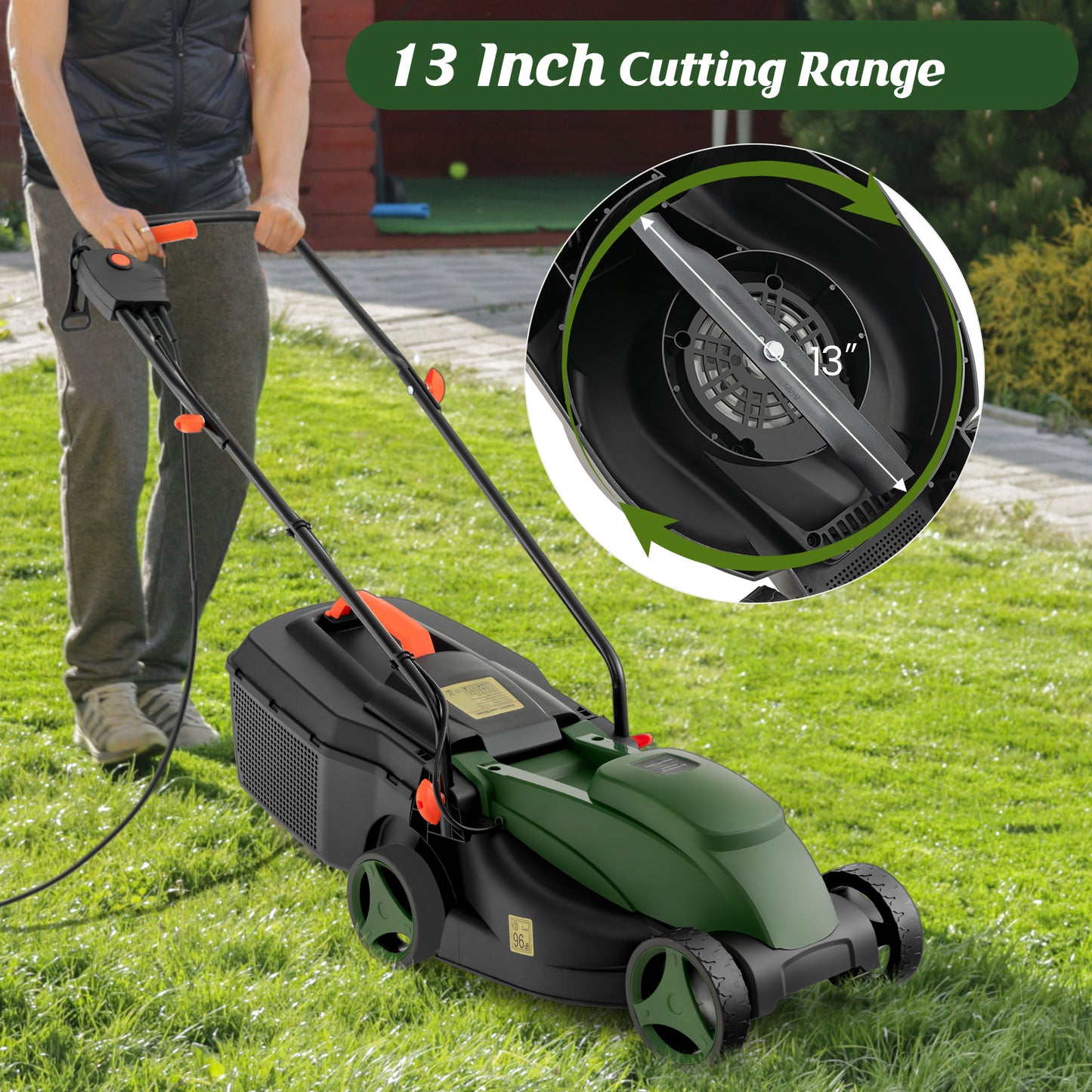 10 AMP 13 Inch Electric Corded Lawn Mower with Collection Box-Black & Green