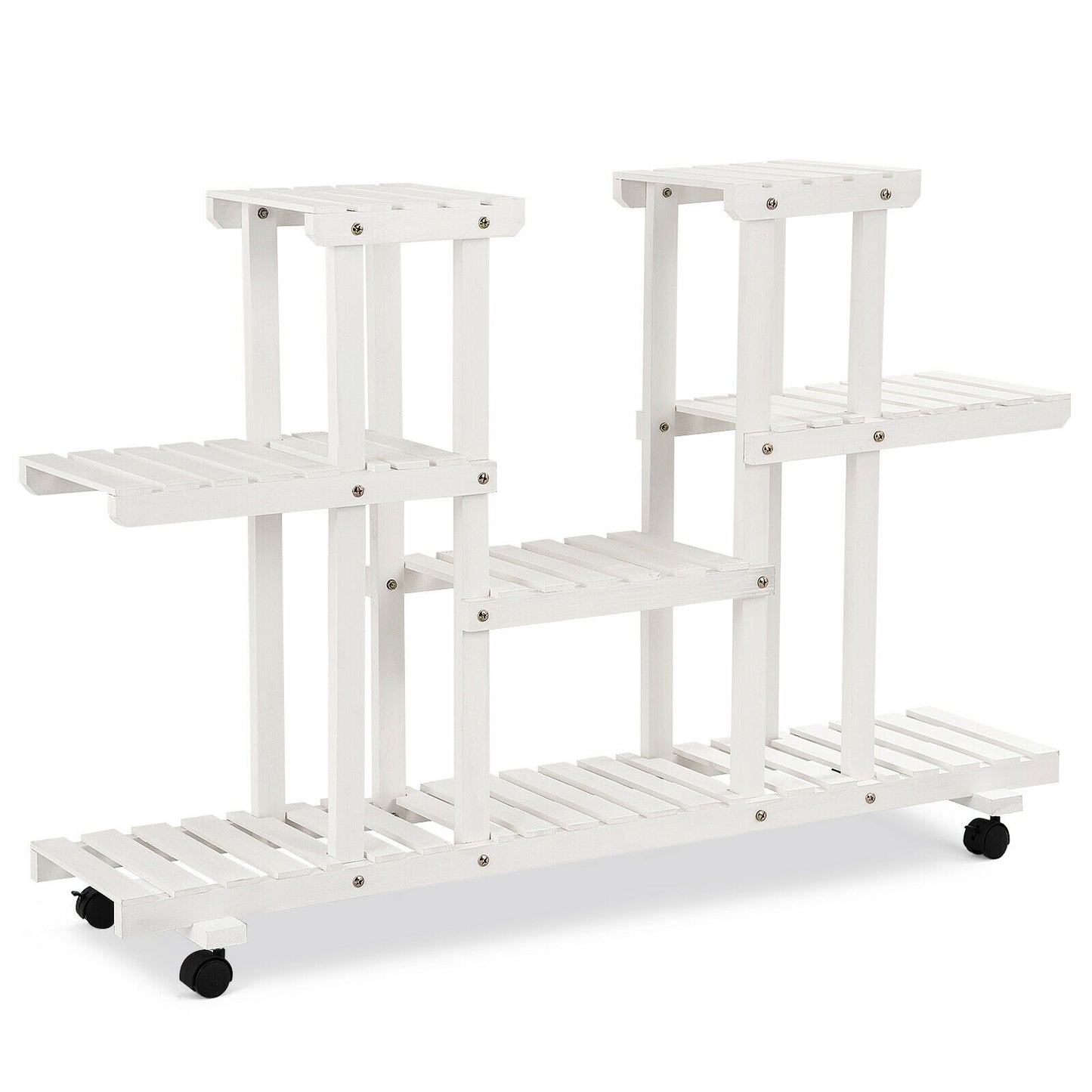 4-Tier Wood Casters Rolling Shelf Plant Stand with 6 Wood Shelves-White