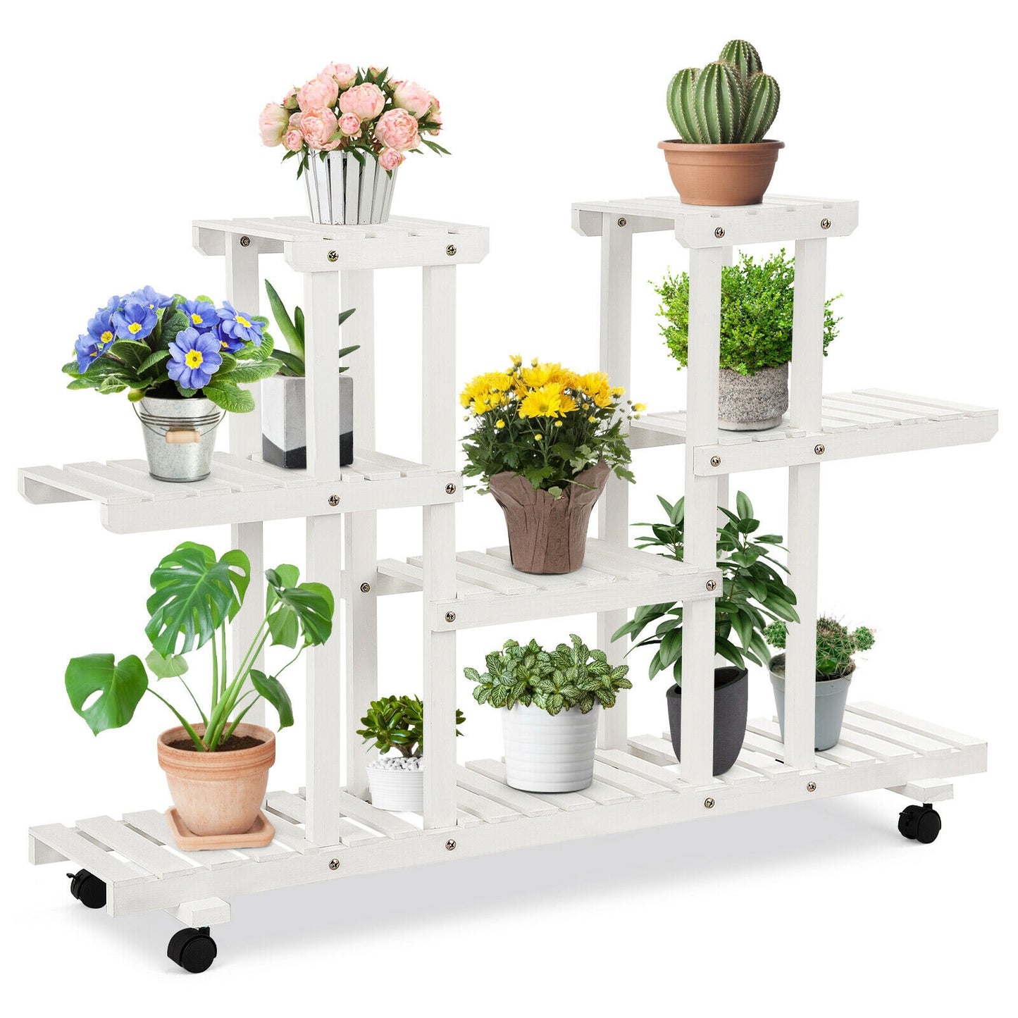 4-Tier Wood Casters Rolling Shelf Plant Stand with 6 Wood Shelves-White