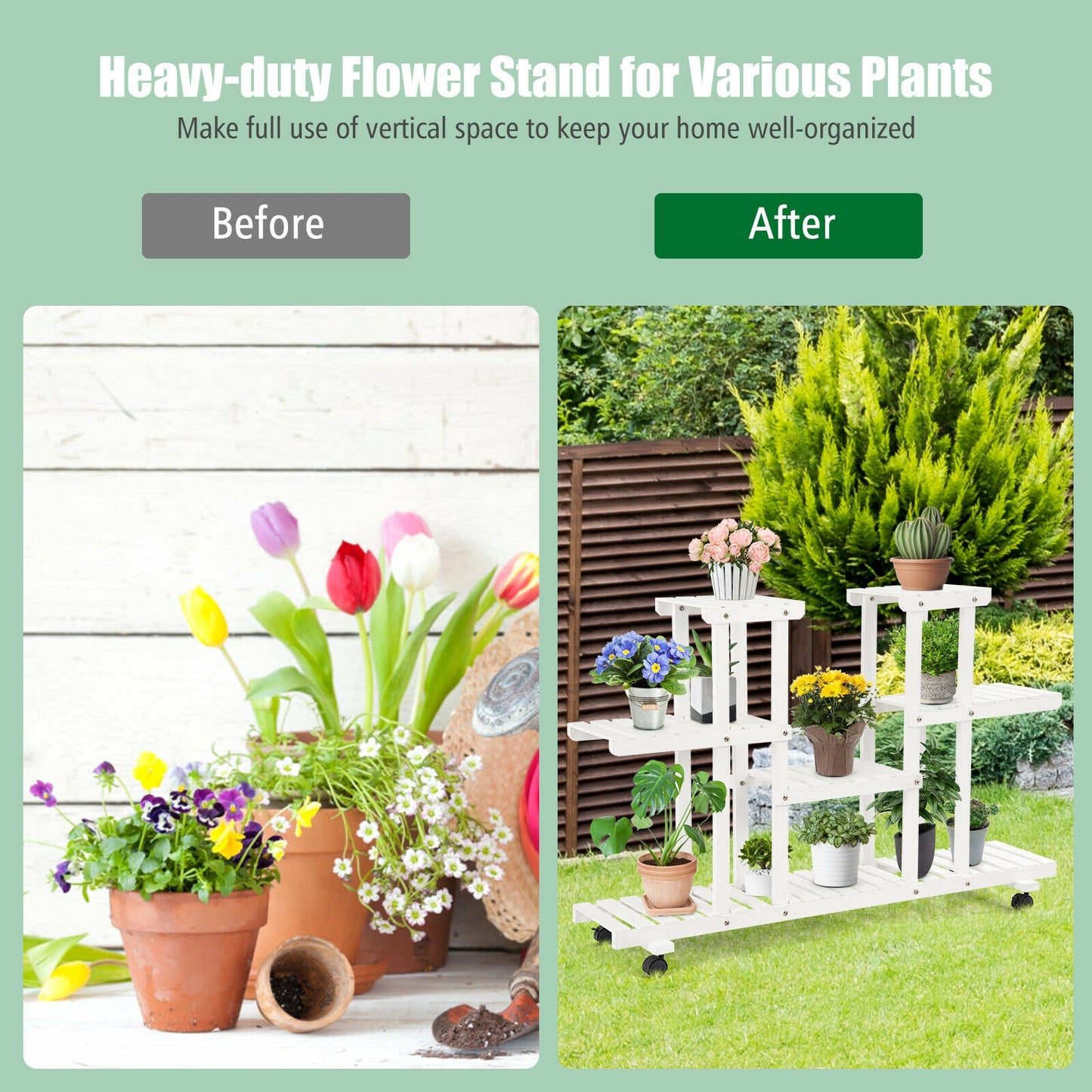 4-Tier Wood Casters Rolling Shelf Plant Stand with 6 Wood Shelves-White