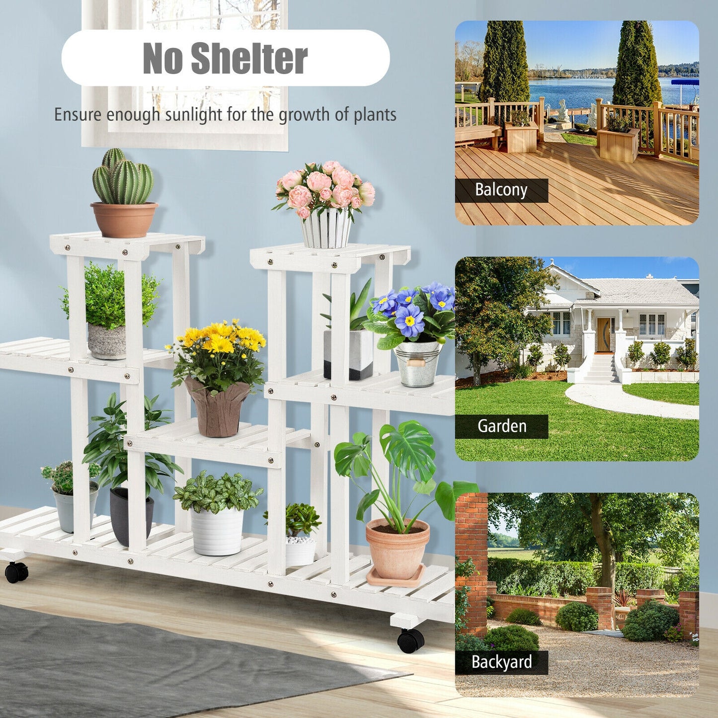 4-Tier Wood Casters Rolling Shelf Plant Stand with 6 Wood Shelves-White
