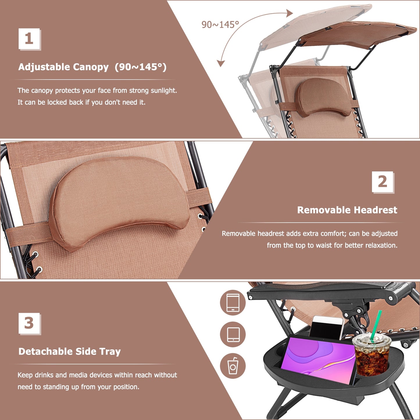 Folding Recliner Lounge Chair w/ Shade Canopy Cup Holder-Coffee