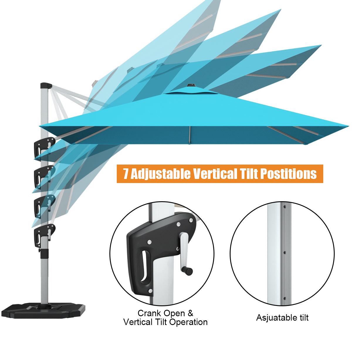 10 ft 360 Degree Tilt Aluminum Square Patio Offset Cantilever Umbrella without Weight Base-Blue