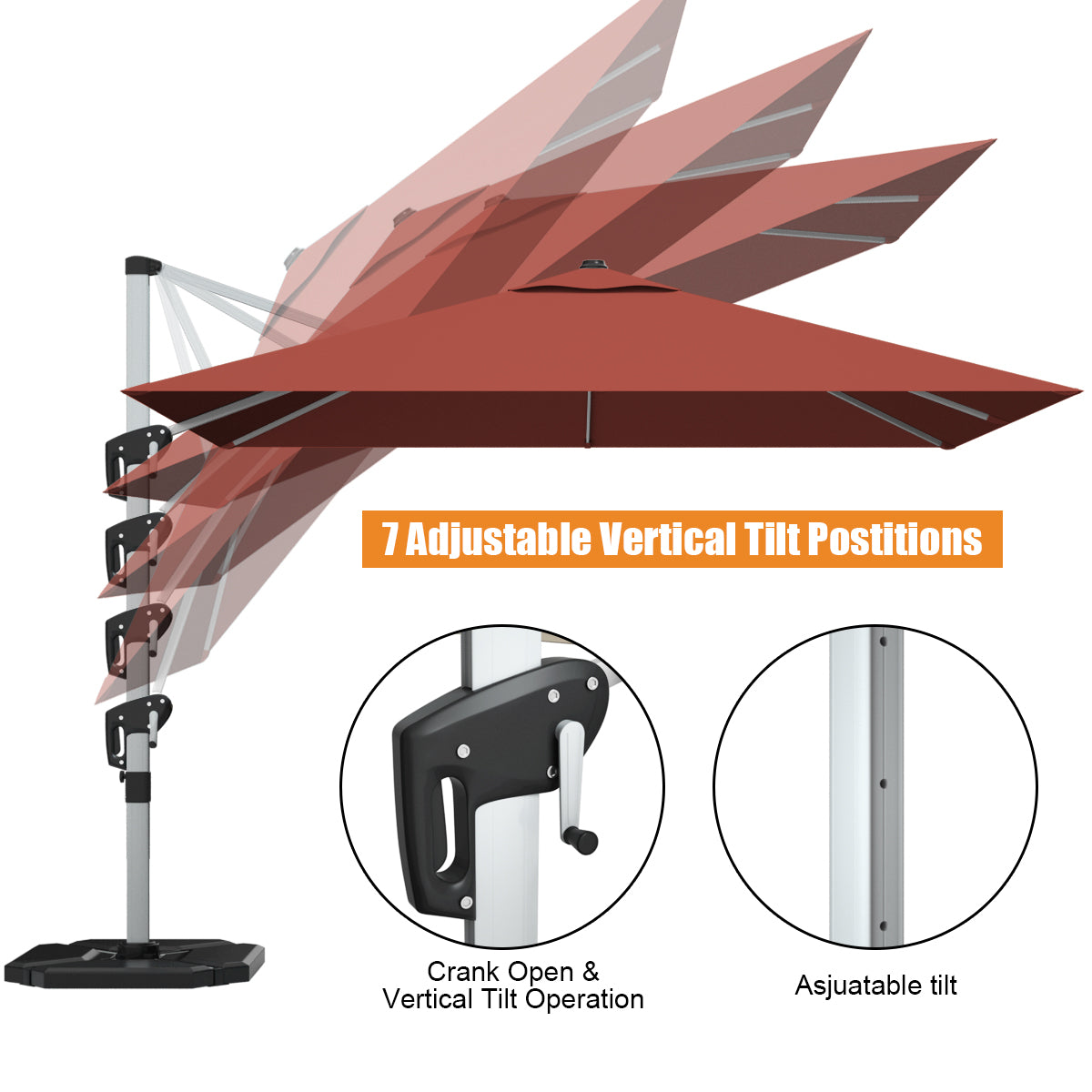 10 ft 360 Degree Tilt Aluminum Square Patio Offset Cantilever Umbrella without Weight Base-Brick red