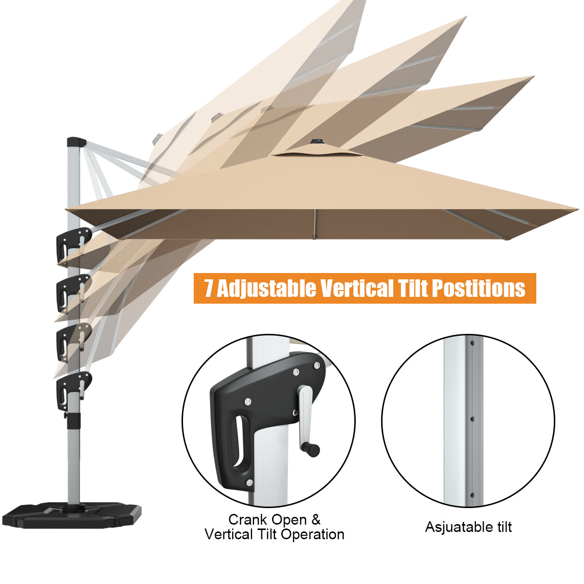 10 ft 360 Degree Tilt Aluminum Square Patio Offset Cantilever Umbrella without Weight Base-Beige