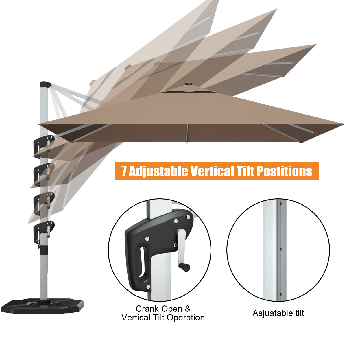 10 ft 360 Degree Tilt Aluminum Square Patio Offset Cantilever Umbrella without Weight Base-Tan