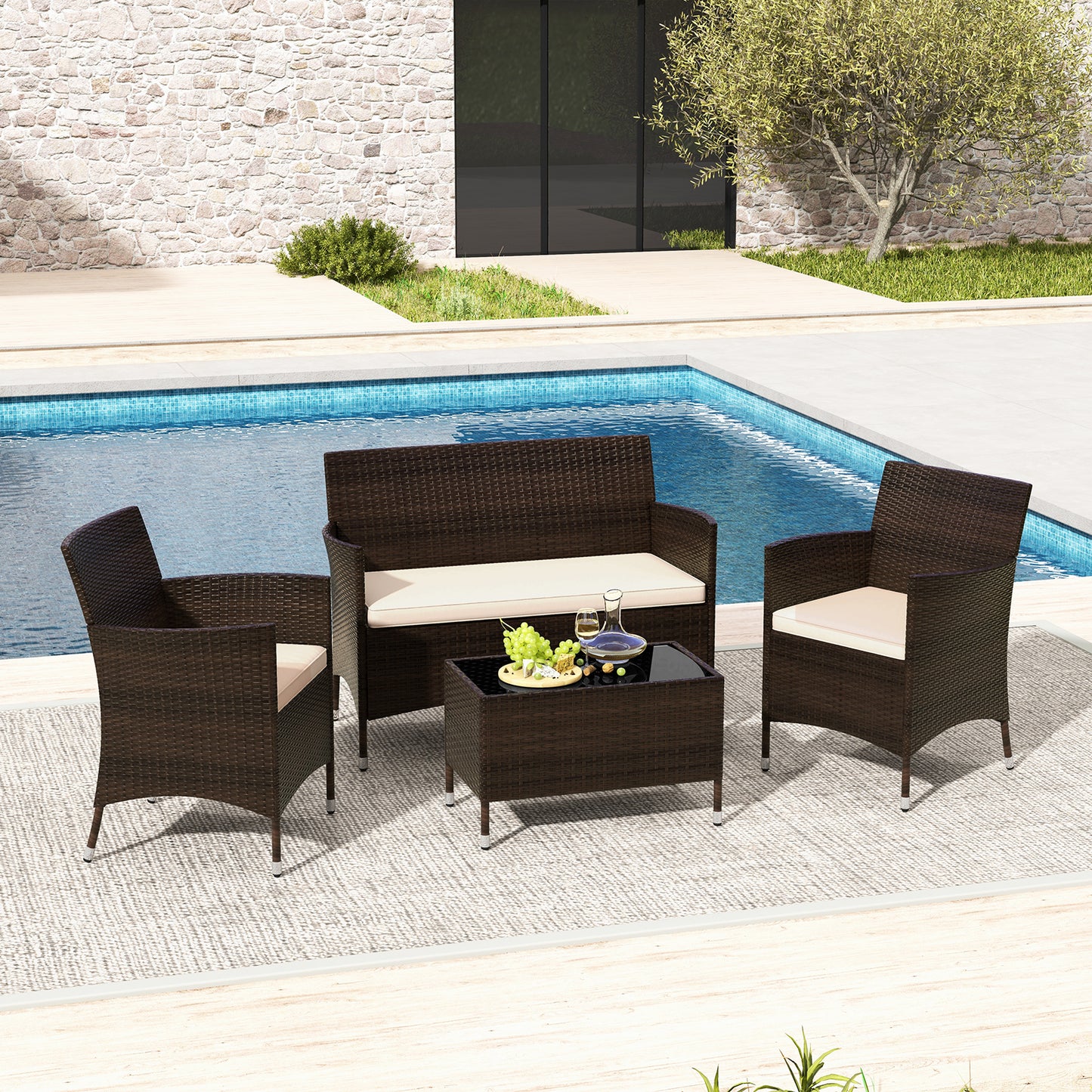 4 Pieces Comfortable Outdoor Rattan Sofa Set with Glass Coffee Table-Light Brown