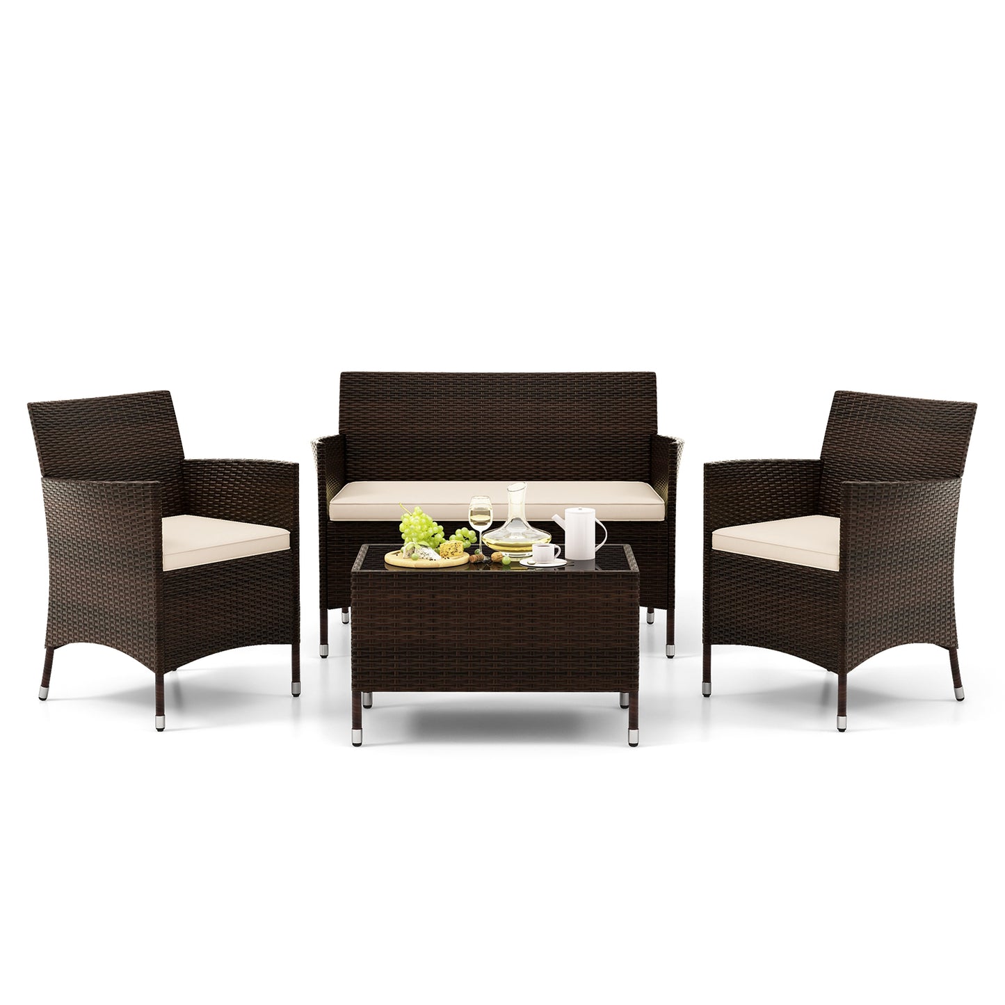 4 Pieces Comfortable Outdoor Rattan Sofa Set with Glass Coffee Table-Light Brown