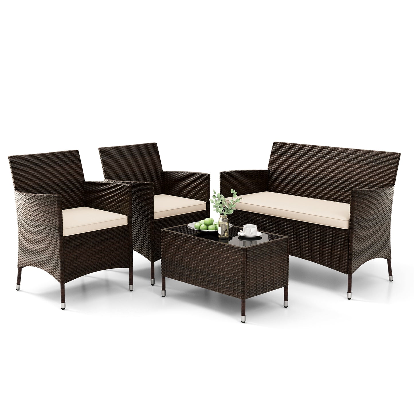 4 Pieces Comfortable Outdoor Rattan Sofa Set with Glass Coffee Table-Light Brown