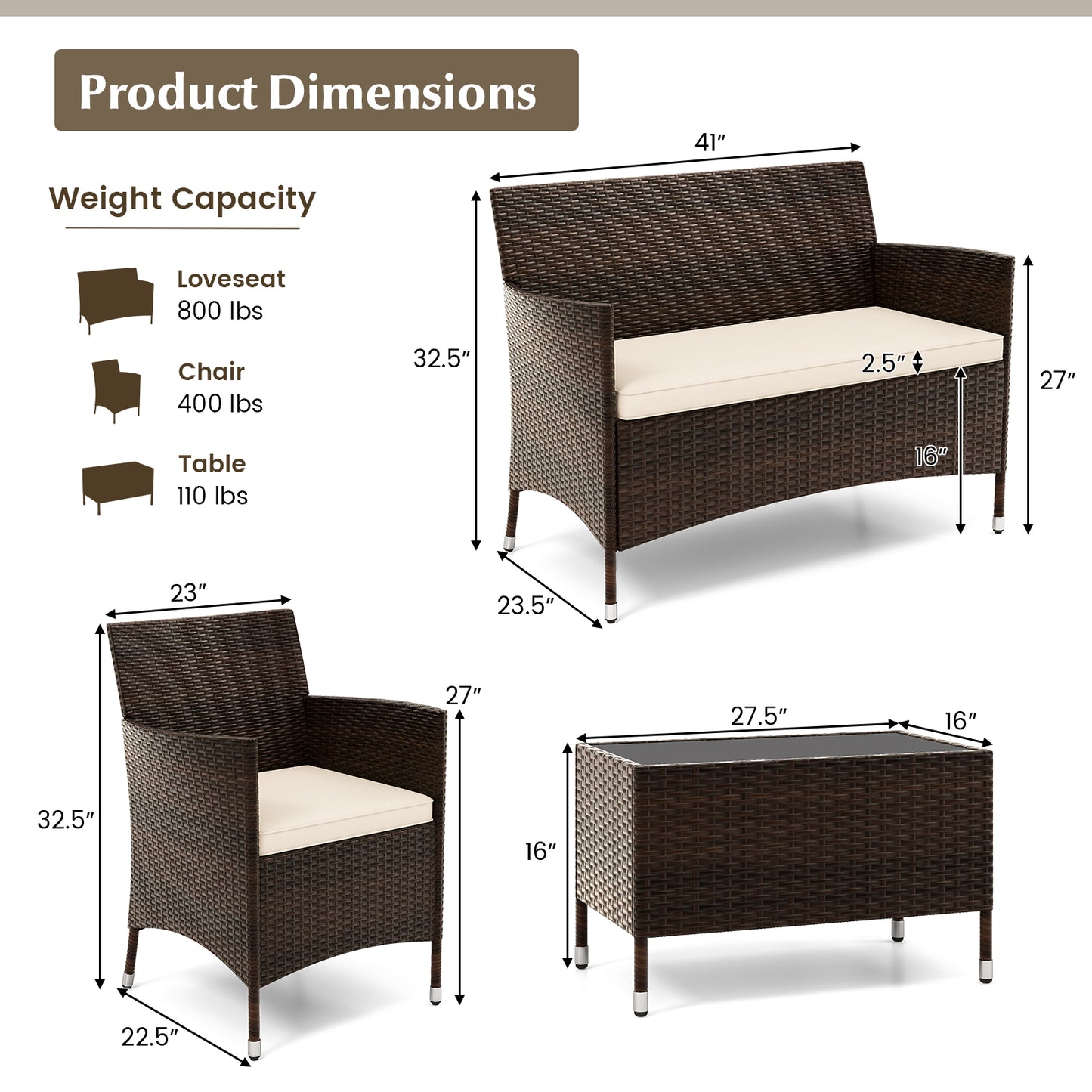 4 Pieces Comfortable Outdoor Rattan Sofa Set with Glass Coffee Table-Light Brown