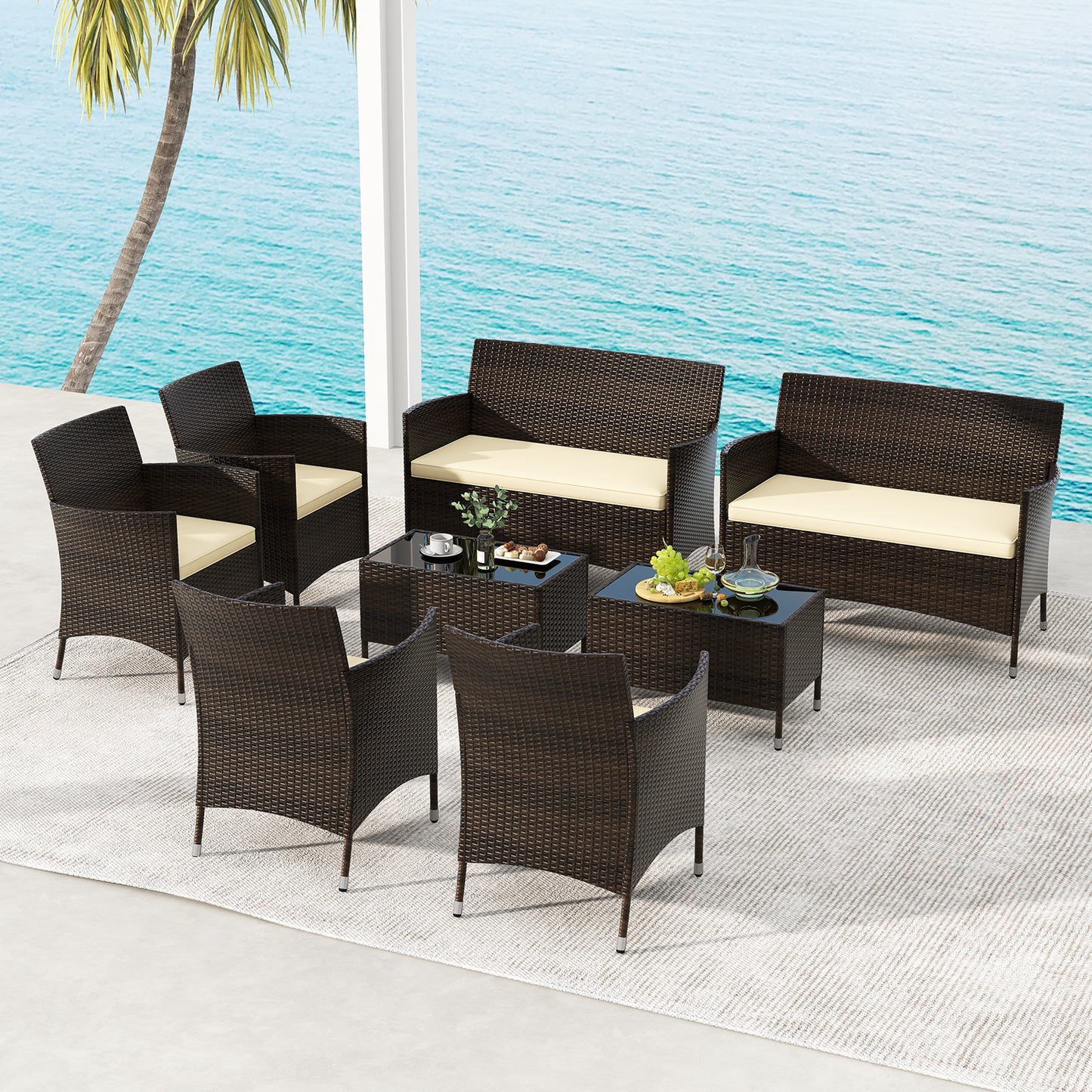 4 Pieces Comfortable Outdoor Rattan Sofa Set with Glass Coffee Table-Light Brown