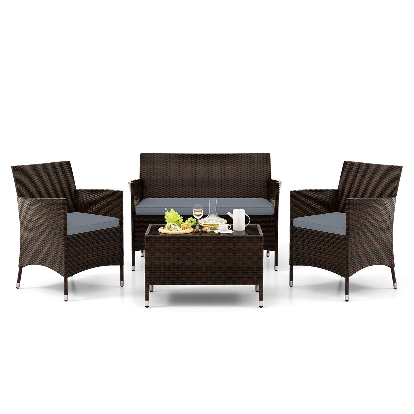 4 Pieces Comfortable Outdoor Rattan Sofa Set with Glass Coffee Table-Gray