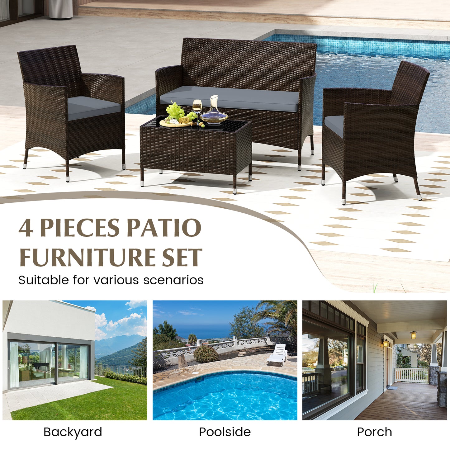 4 Pieces Comfortable Outdoor Rattan Sofa Set with Glass Coffee Table-Gray