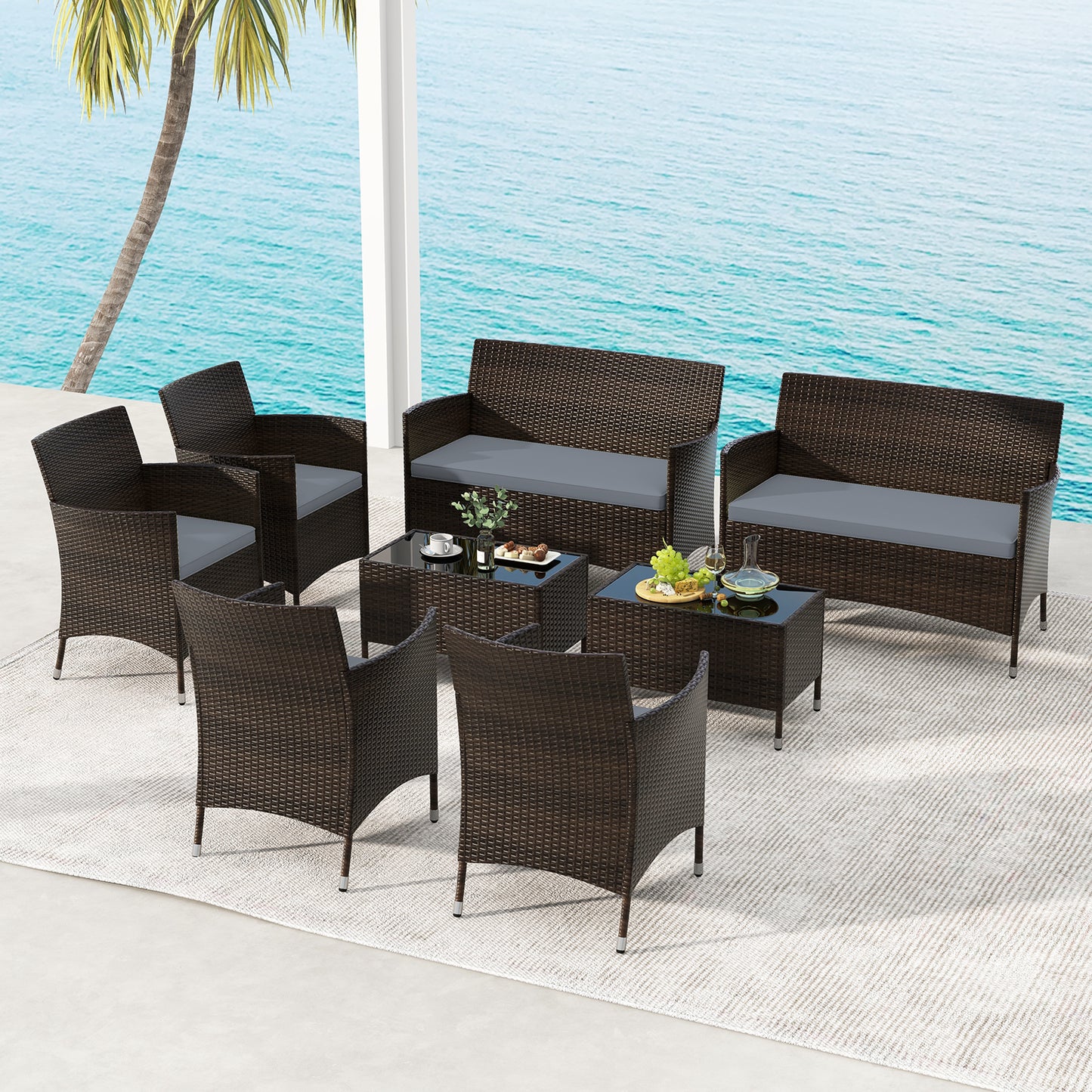 4 Pieces Comfortable Outdoor Rattan Sofa Set with Glass Coffee Table-Gray