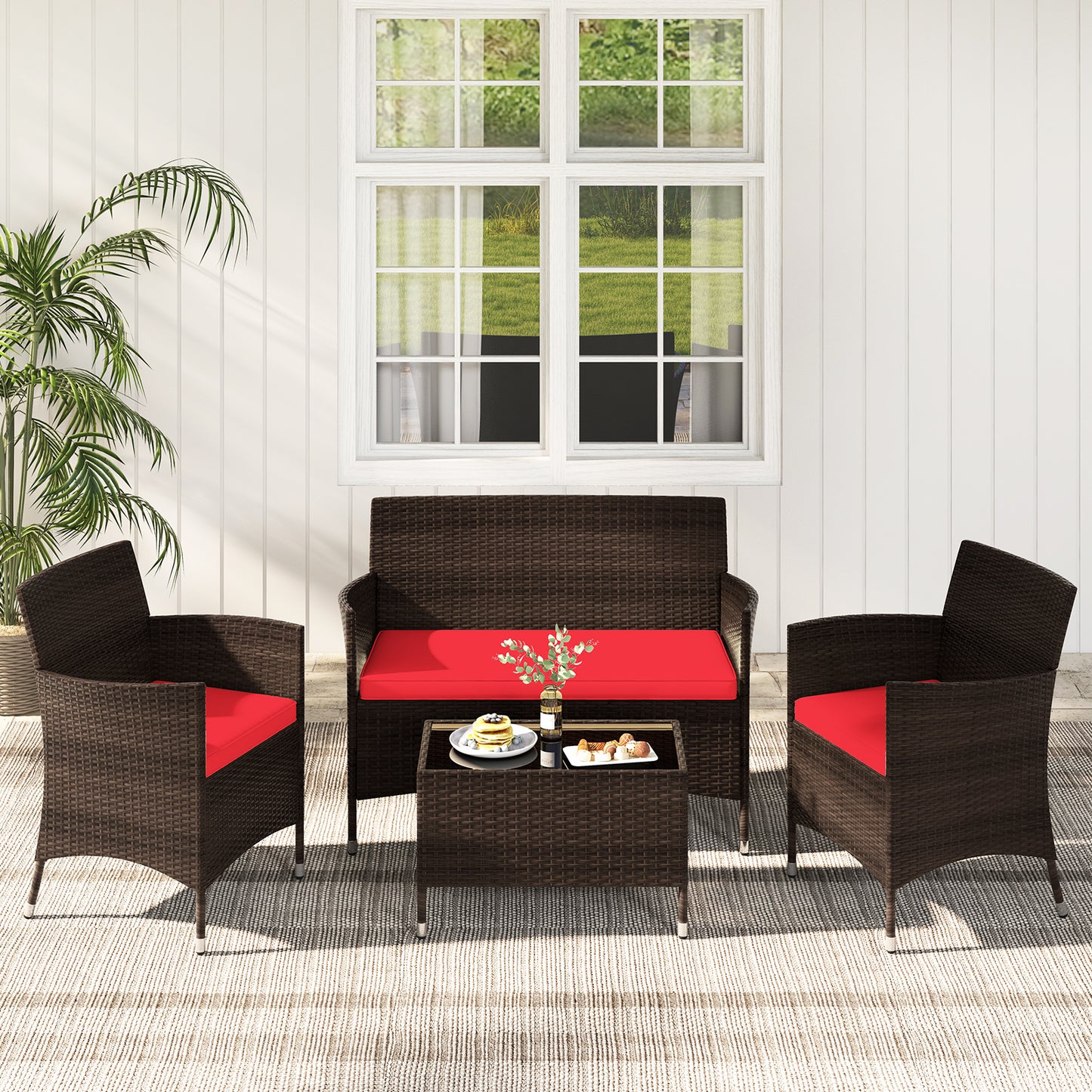 4 Pieces Comfortable Rattan Outdoor Conversation Furniture Set with Glass Table-Red
