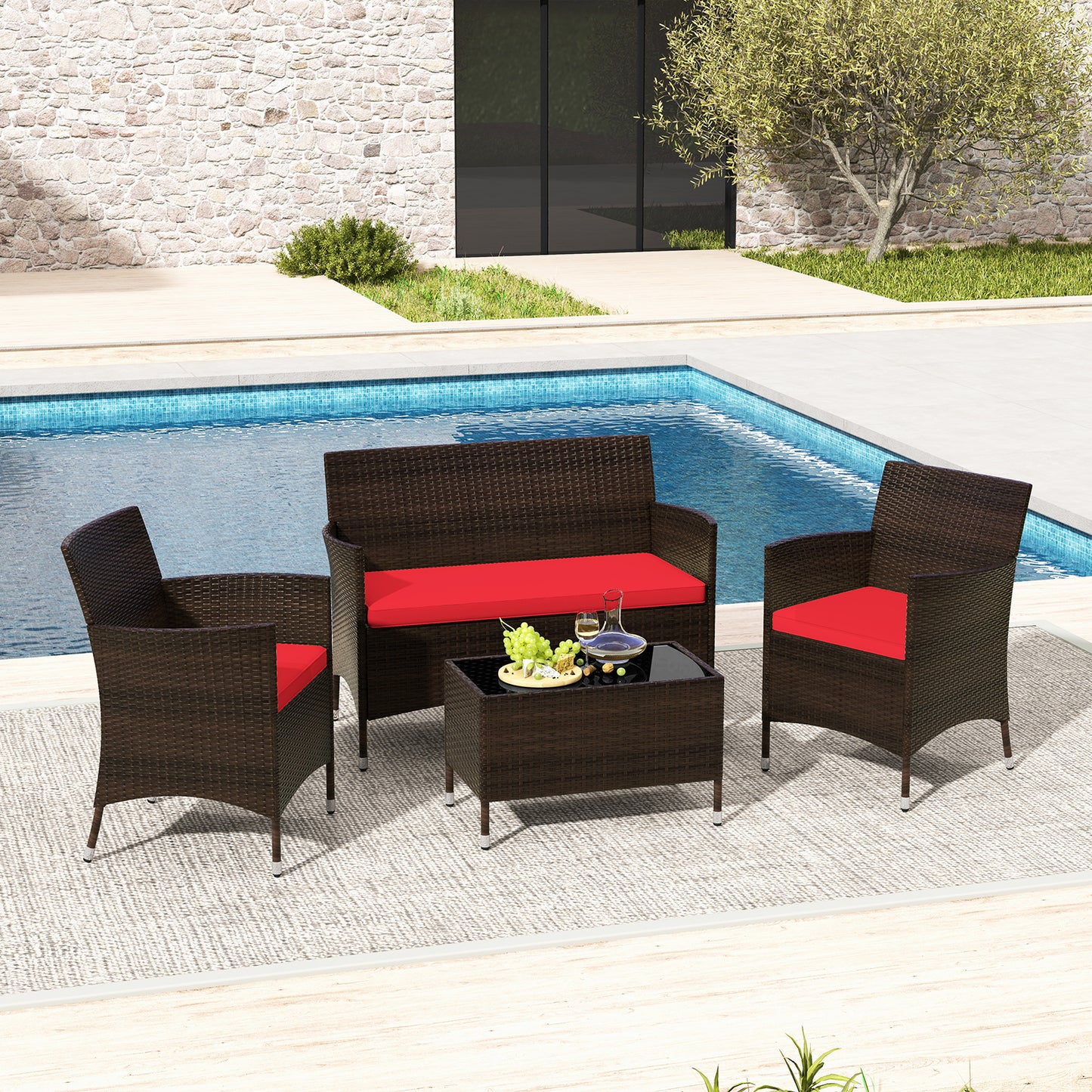 4 Pieces Comfortable Rattan Outdoor Conversation Furniture Set with Glass Table-Red