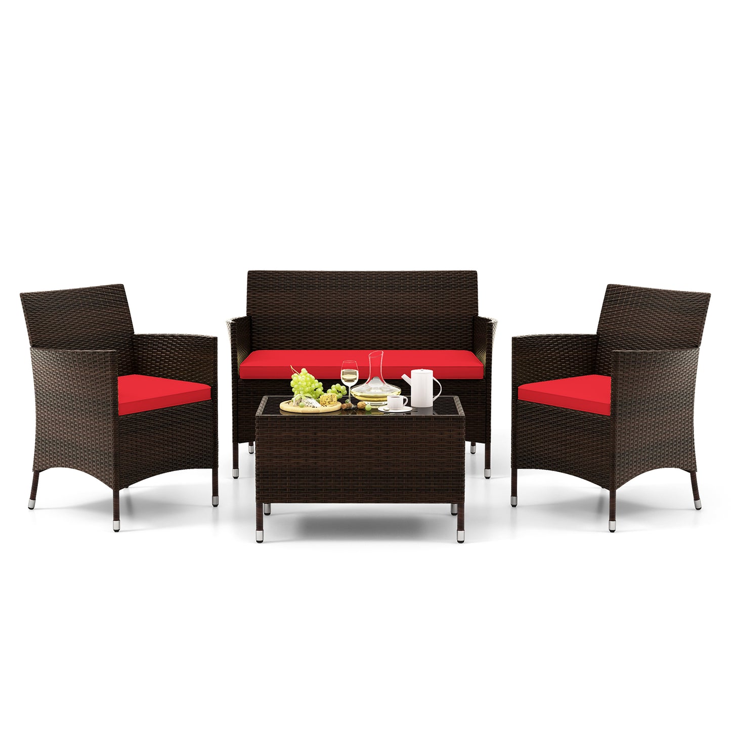 4 Pieces Comfortable Rattan Outdoor Conversation Furniture Set with Glass Table-Red