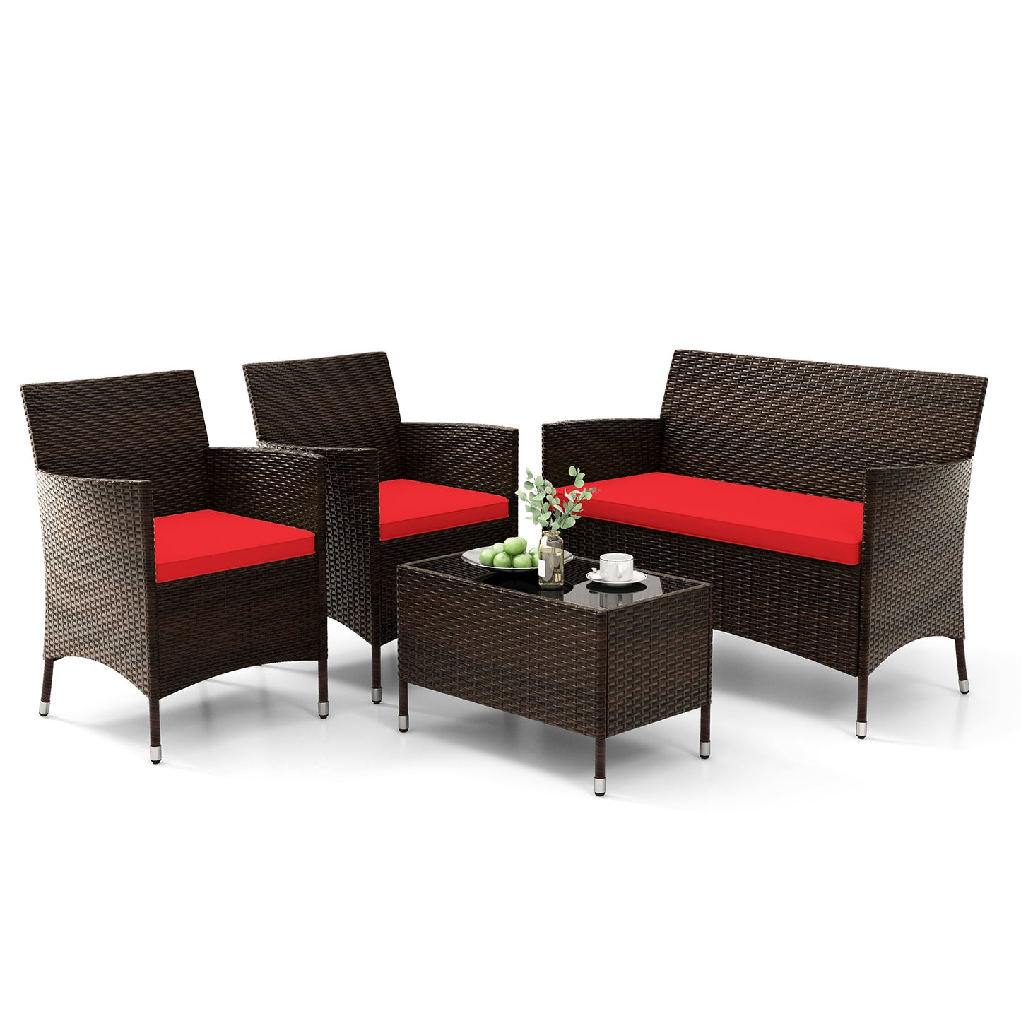 4 Pieces Comfortable Rattan Outdoor Conversation Furniture Set with Glass Table-Red