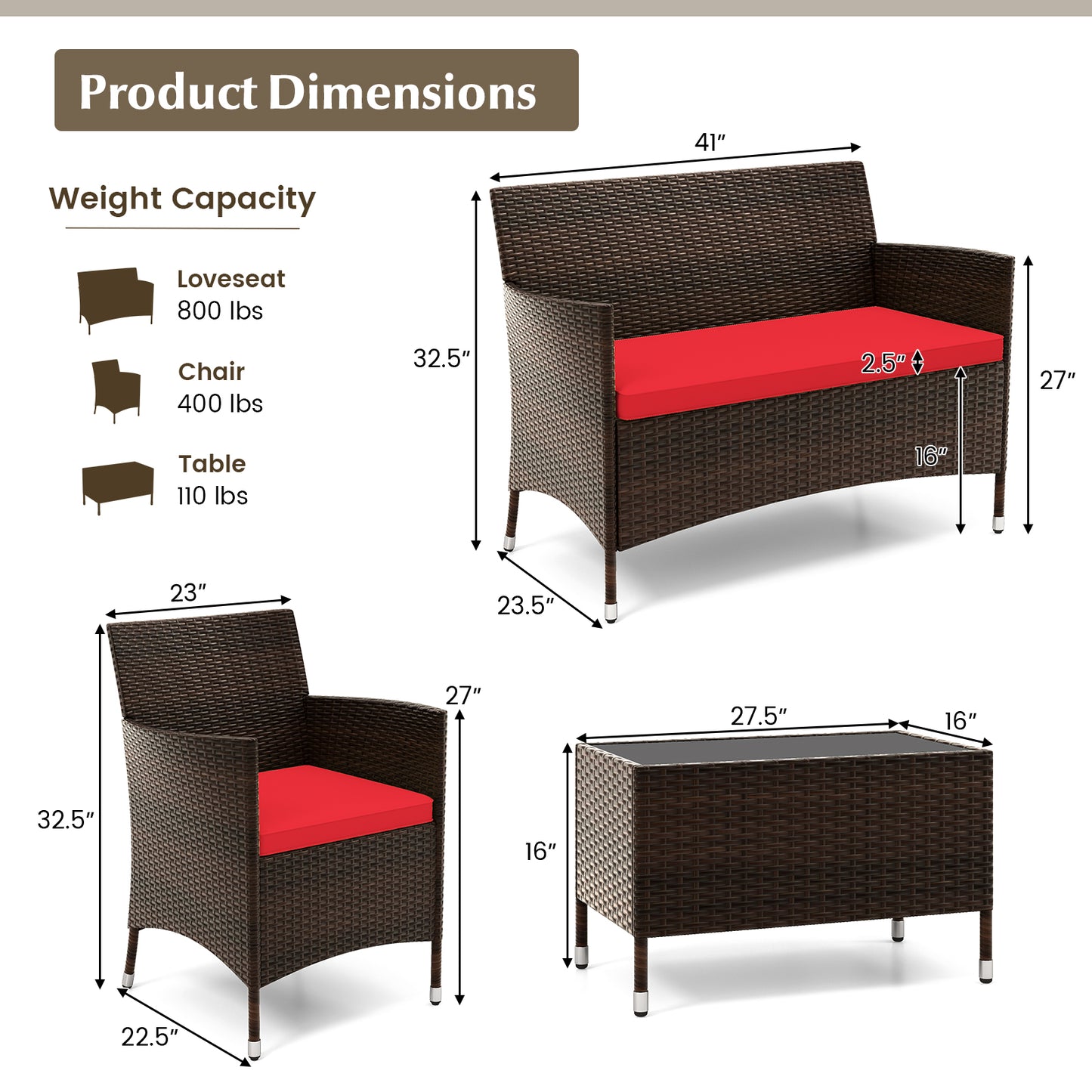 4 Pieces Comfortable Rattan Outdoor Conversation Furniture Set with Glass Table-Red