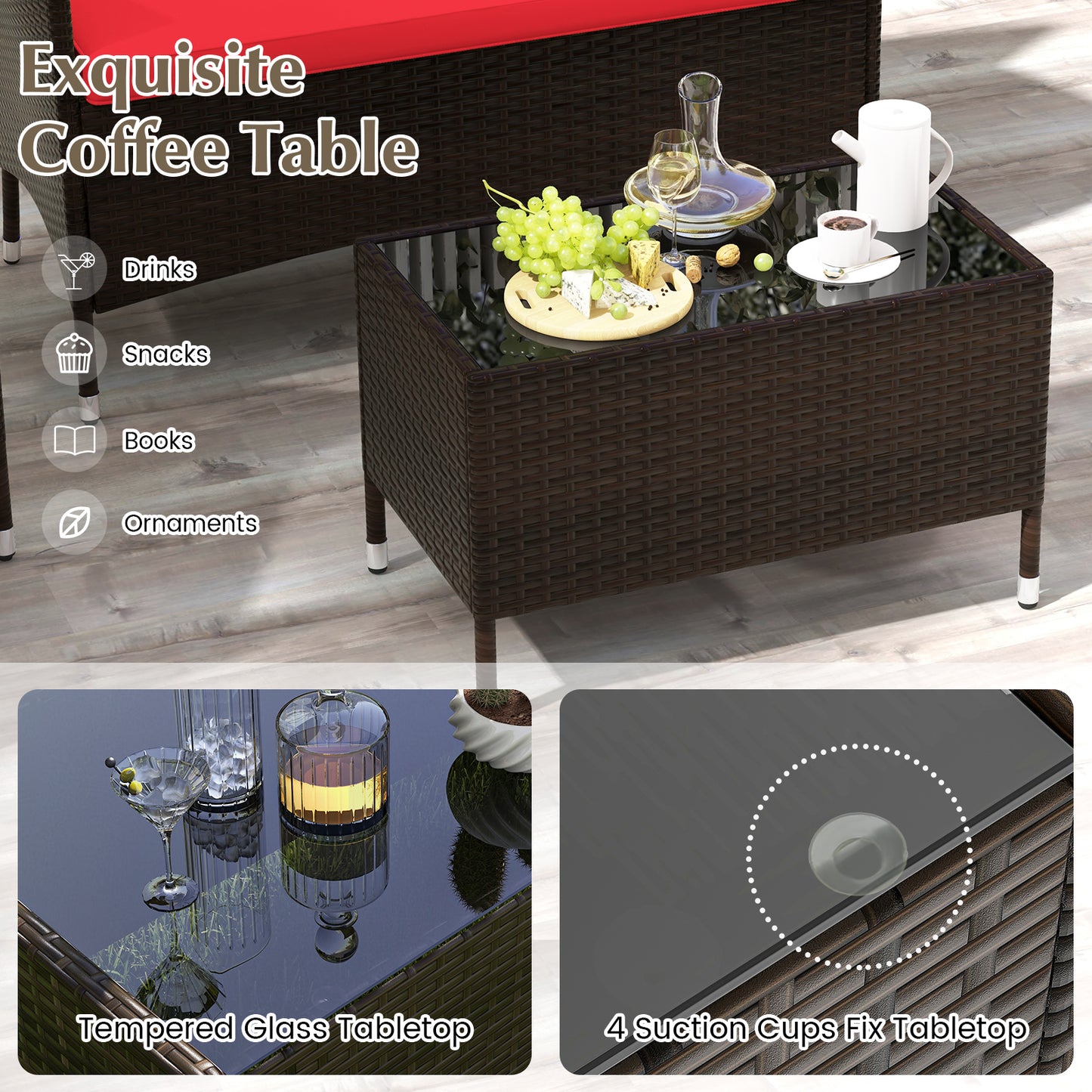 4 Pieces Comfortable Rattan Outdoor Conversation Furniture Set with Glass Table-Red