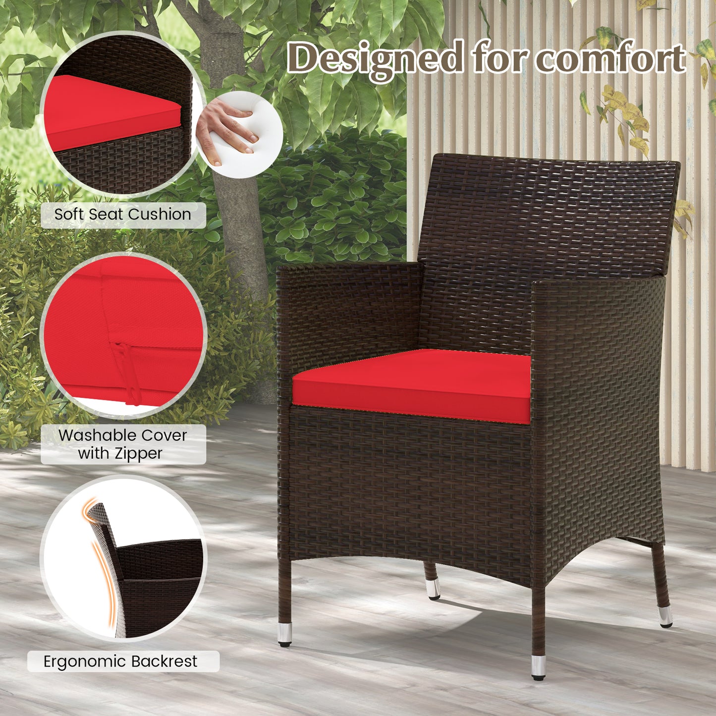 4 Pieces Comfortable Rattan Outdoor Conversation Furniture Set with Glass Table-Red