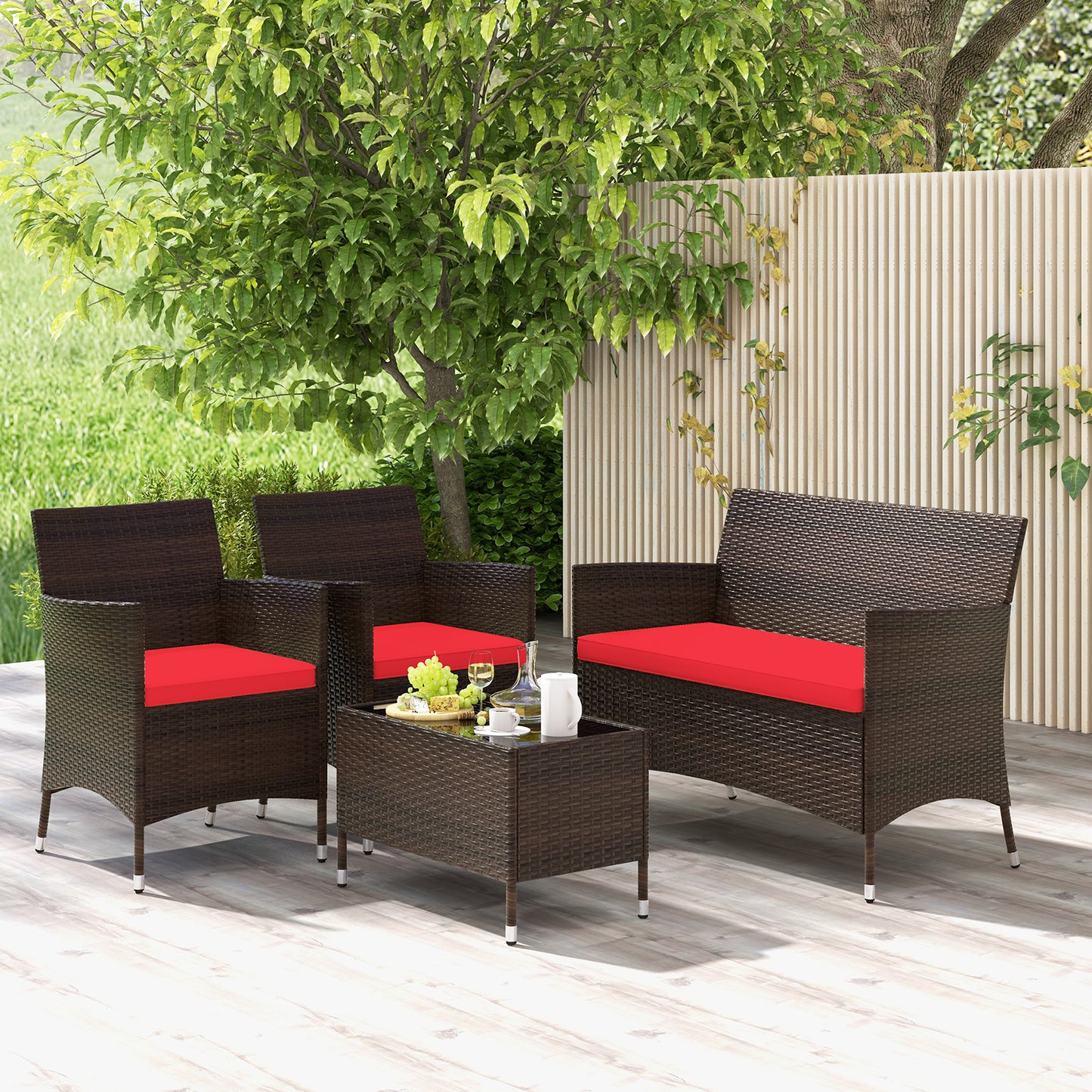 4 Pieces Comfortable Rattan Outdoor Conversation Furniture Set with Glass Table-Red